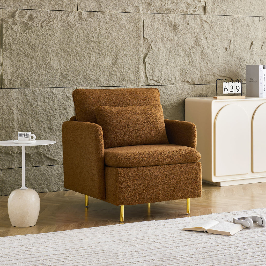 Modern Accent Chair, Sherpa Upholstered Cozy Comfy Armchair, Furry Reading Chair With Slim Armrest, Fuzzy Single Club Sofa Chairs For Living Room Bedroom Waiting Room Office Ivory Orange Foam Solid Wood