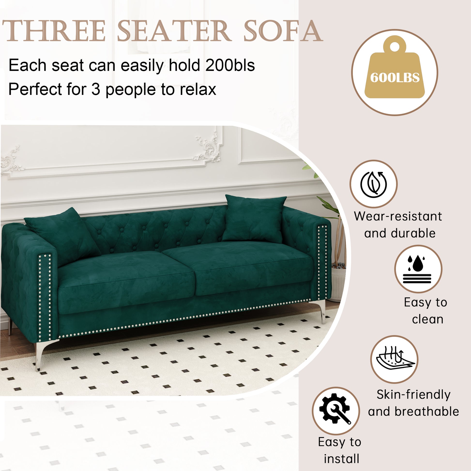 Sofa Includes 2 Pillows, 83 "Green Velvet Triple Sofa For Small Spaces Green Velvet