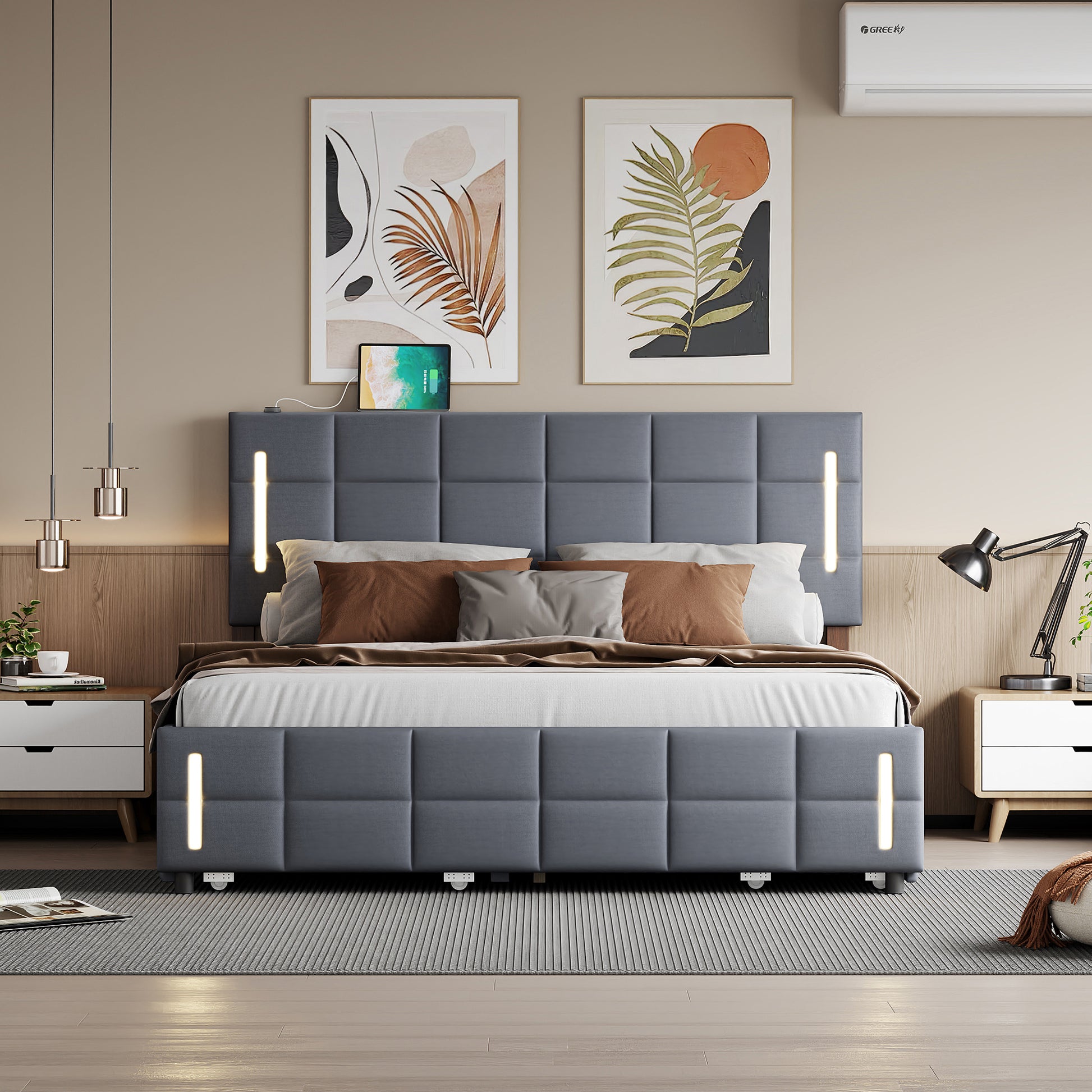 Queen Size Upholstered Platform Bed With Trundle And Drawers, Gray Queen Gray Upholstered