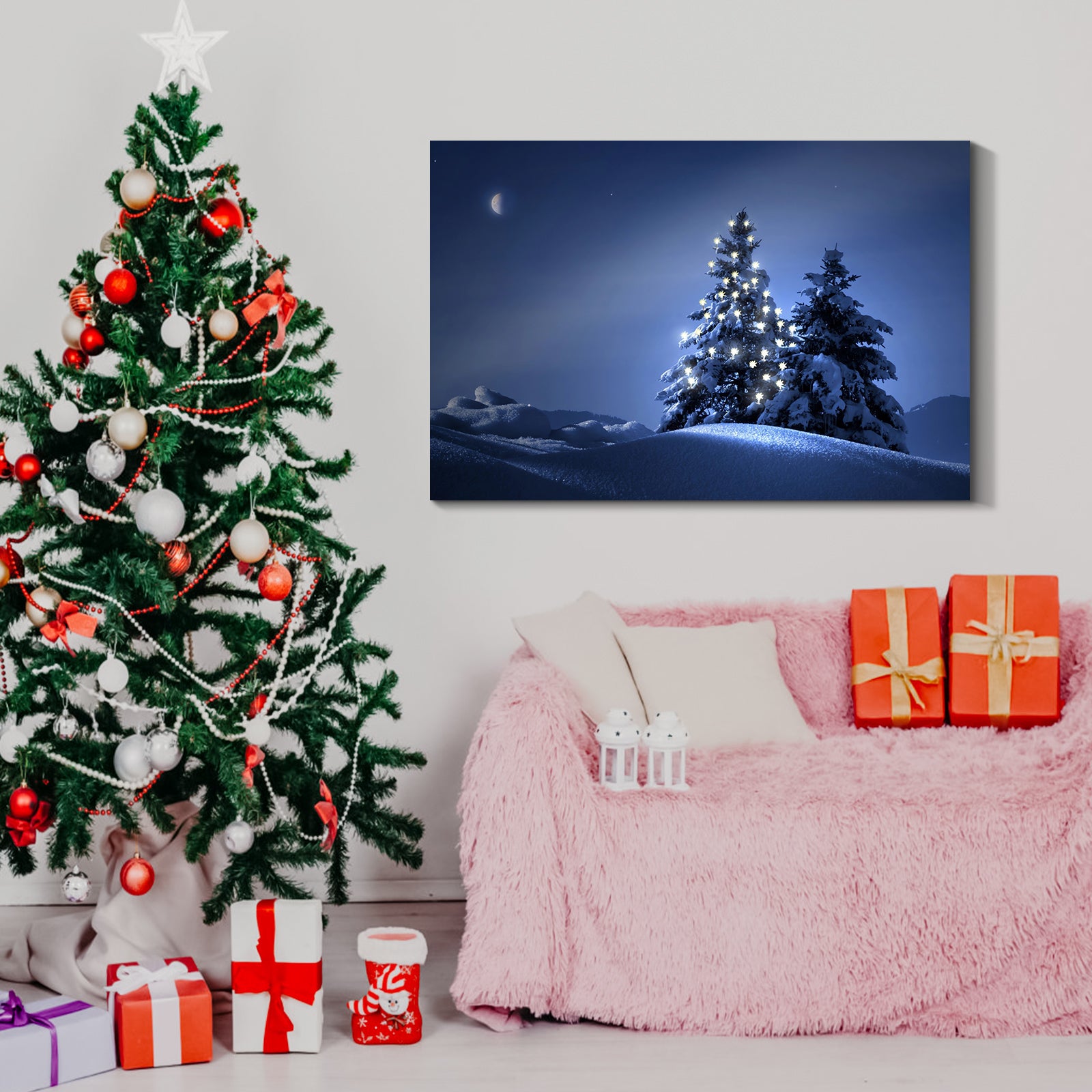 Framed Canvas Wall Art Decor Painting For Chrismas, Lighted Pine Tree At Night Chrismas Gift Painting For Chrismas Gift, Decoration For Chrismas Eve Office Living Room, Bedroom Decor Ready To Han Rectangle Framed Multicolor Christmas Oversized 41In