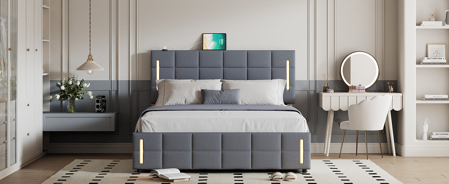 Queen Size Upholstered Bed With Hydraulic Storage System And Led Light, Gray Queen Gray Linen