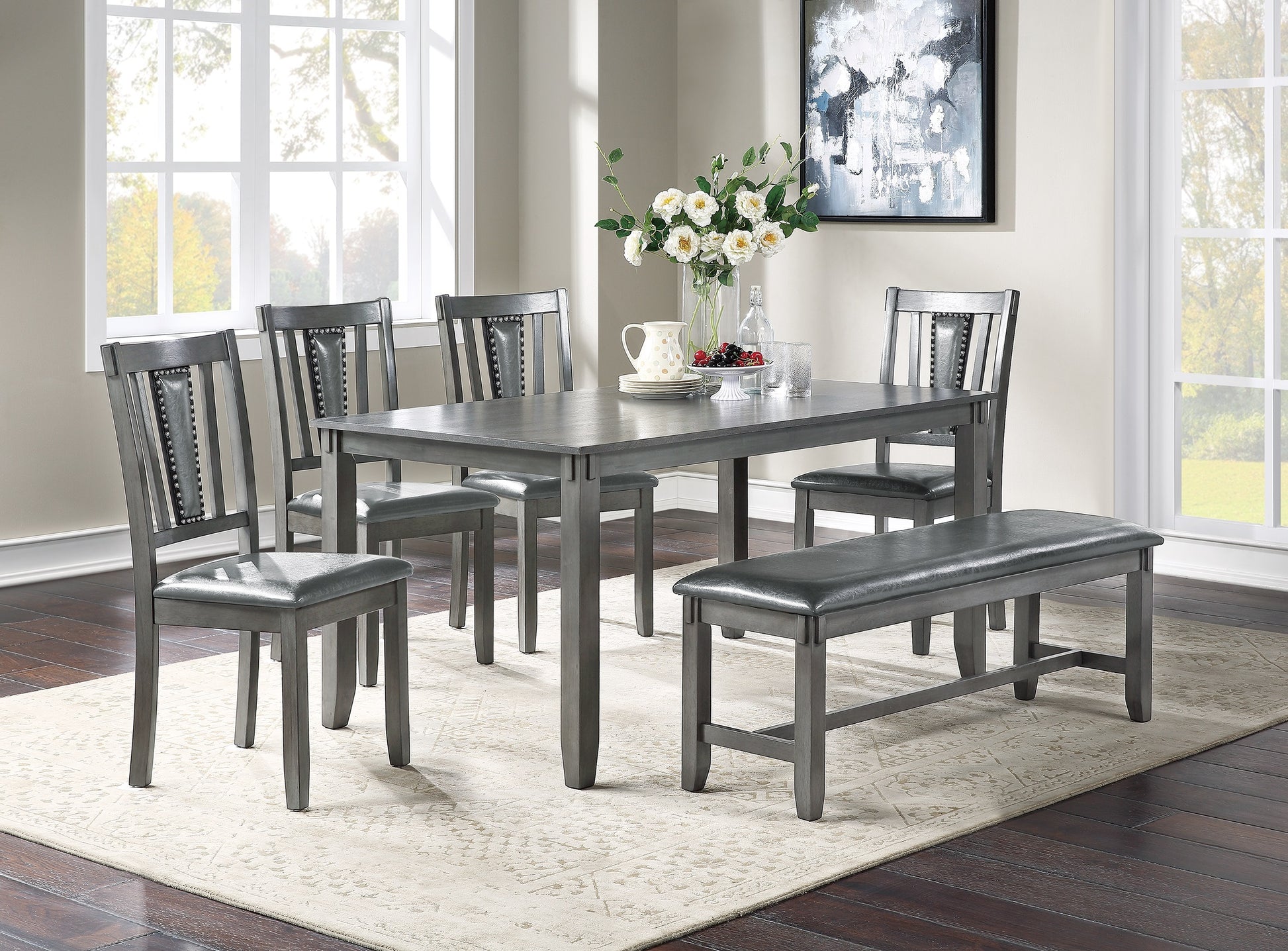 Dining Room Furniture Gray Color 6Pc Set Dining Table 4X Side Chairs And A Bench Solid Wood Rubberwood And Veneers Gray Wood Dining Room Solid Wood Rubberwood Rectangular Dining Table With Chair And Bench Wood Wood Grey Seats 6 60 Inches