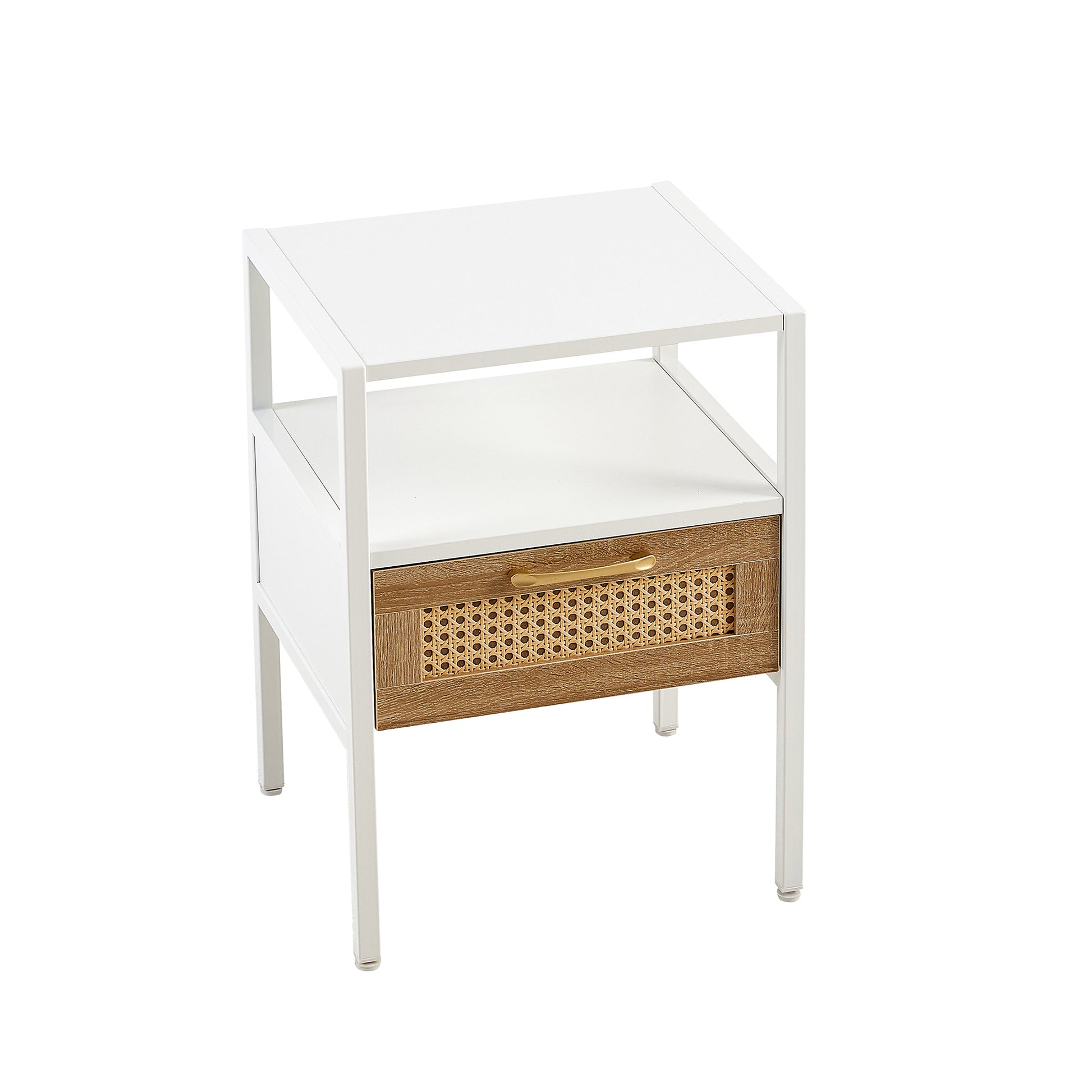 15.75" Rattan End Table With Drawer, Modern Nightstand, Metal Legs,Side Table For Living Room, Bedroom,White 1 Pc White Mdf Metal