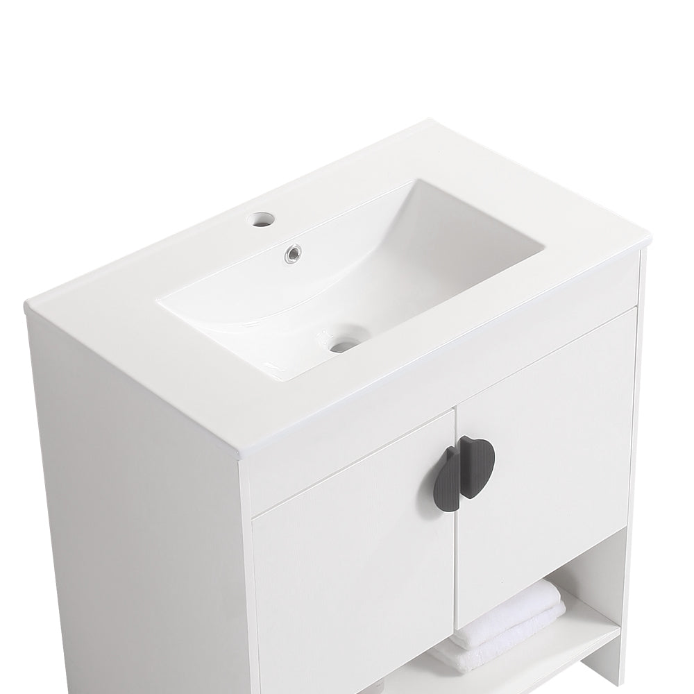 30" Bathroom Vanity,With White Ceramic Basin,Two Cabinet Doors With Black Zinc Alloy Handles,Solid Wood,Excluding Faucets,White White Solid Wood