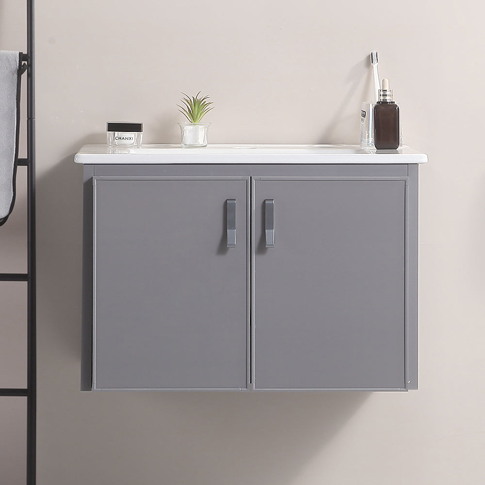 24' Metal Wall Mounted Bathroom Vanity With White Sink,Two Metal Soft Close Cabinet Doors, Metal,Excluding Faucets,Grey Grey Aluminium