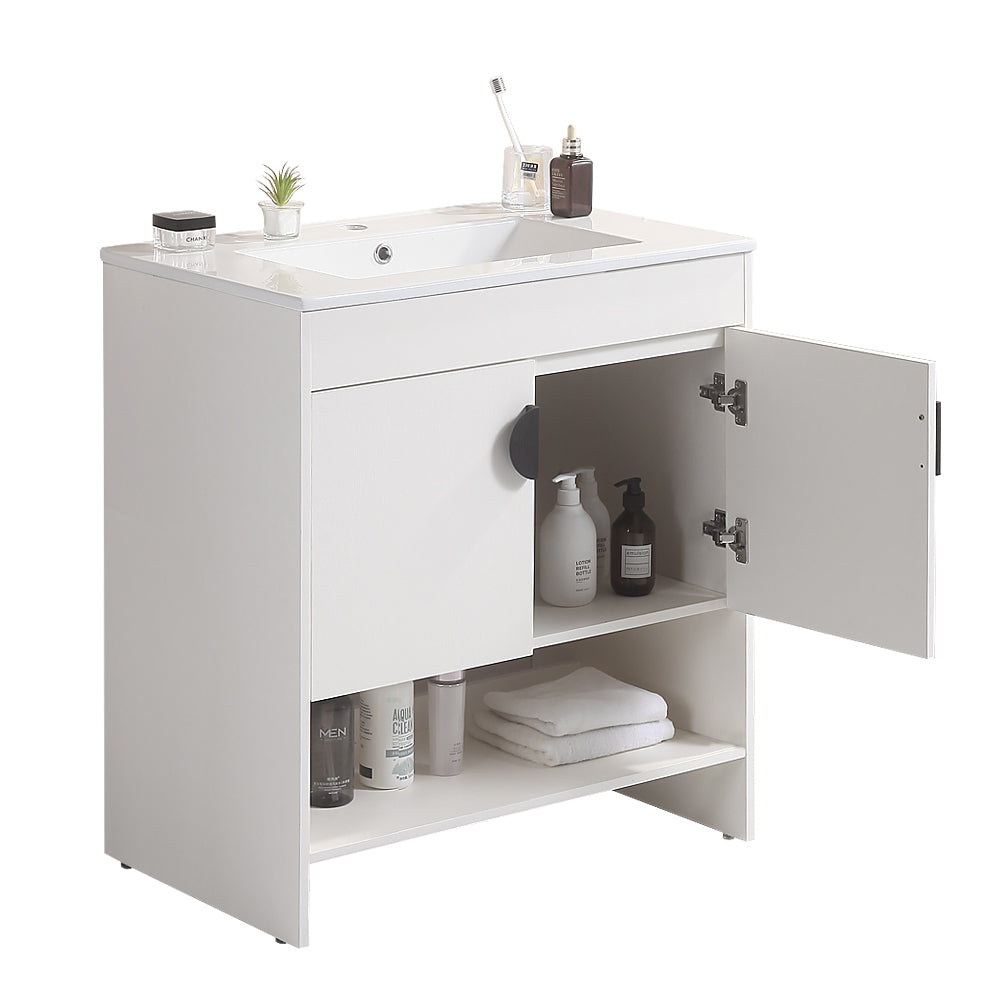 30" Bathroom Vanity,With White Ceramic Basin,Two Cabinet Doors With Black Zinc Alloy Handles,Solid Wood,Excluding Faucets,White White Solid Wood