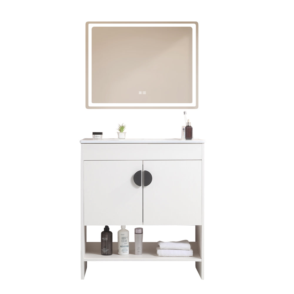 30" Bathroom Vanity,With White Ceramic Basin,Two Cabinet Doors With Black Zinc Alloy Handles,Solid Wood,Excluding Faucets,White White Solid Wood