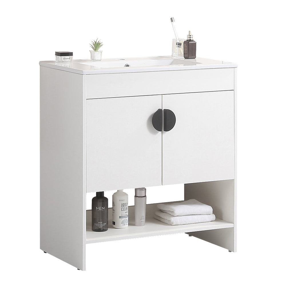 30" Bathroom Vanity,With White Ceramic Basin,Two Cabinet Doors With Black Zinc Alloy Handles,Solid Wood,Excluding Faucets,White White Solid Wood