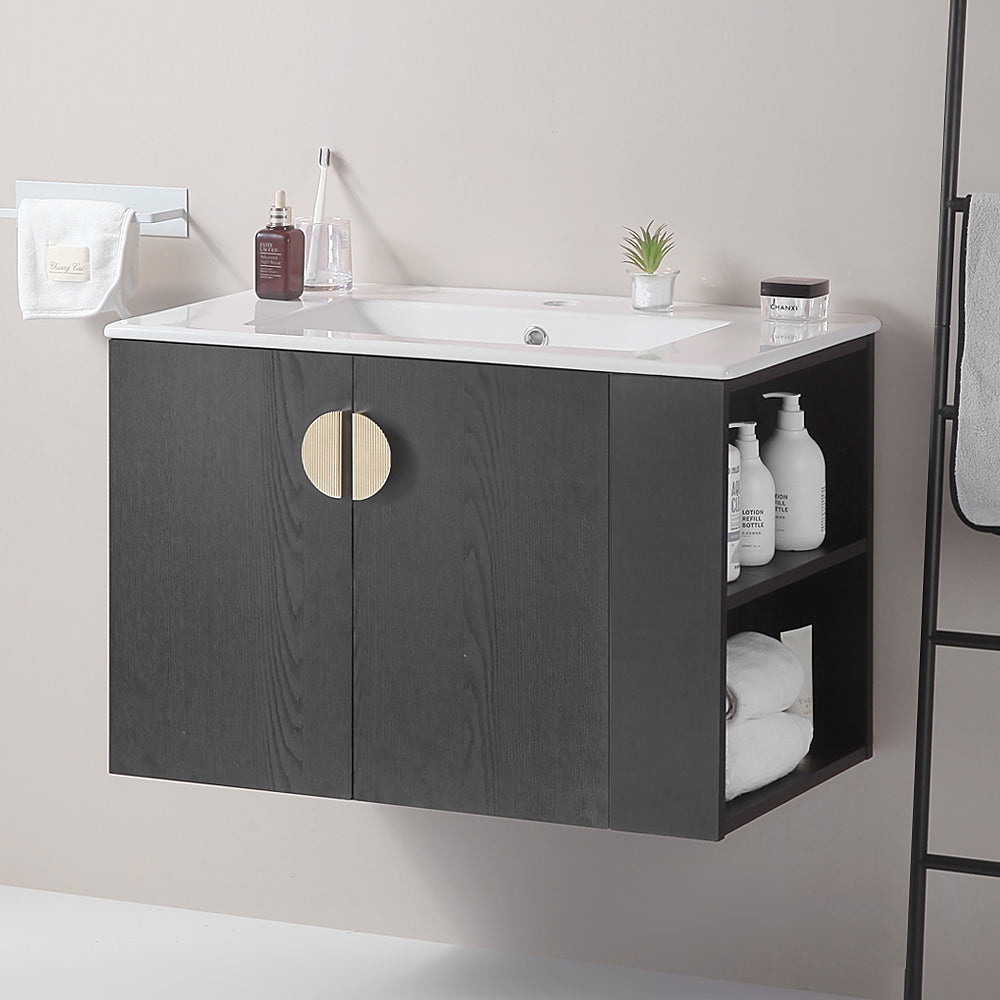 30" Bathroom Vanity With Sink,With Two Doors Cabinet Bathroom Vanity Set With Side Right Open Storage Shelf,Solid Wood,Excluding Faucets,Black Black Solid Wood