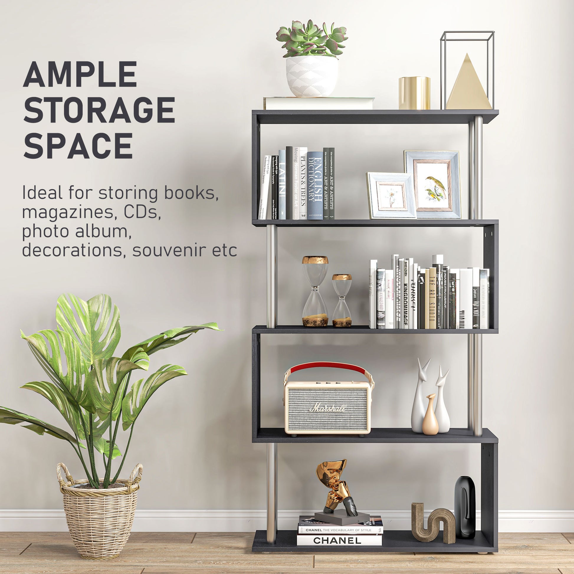 Modern S Shaped 5 Tier Room Dividing Bookcase Wooden Storage Display Stand Shelf Black Black Metal & Wood