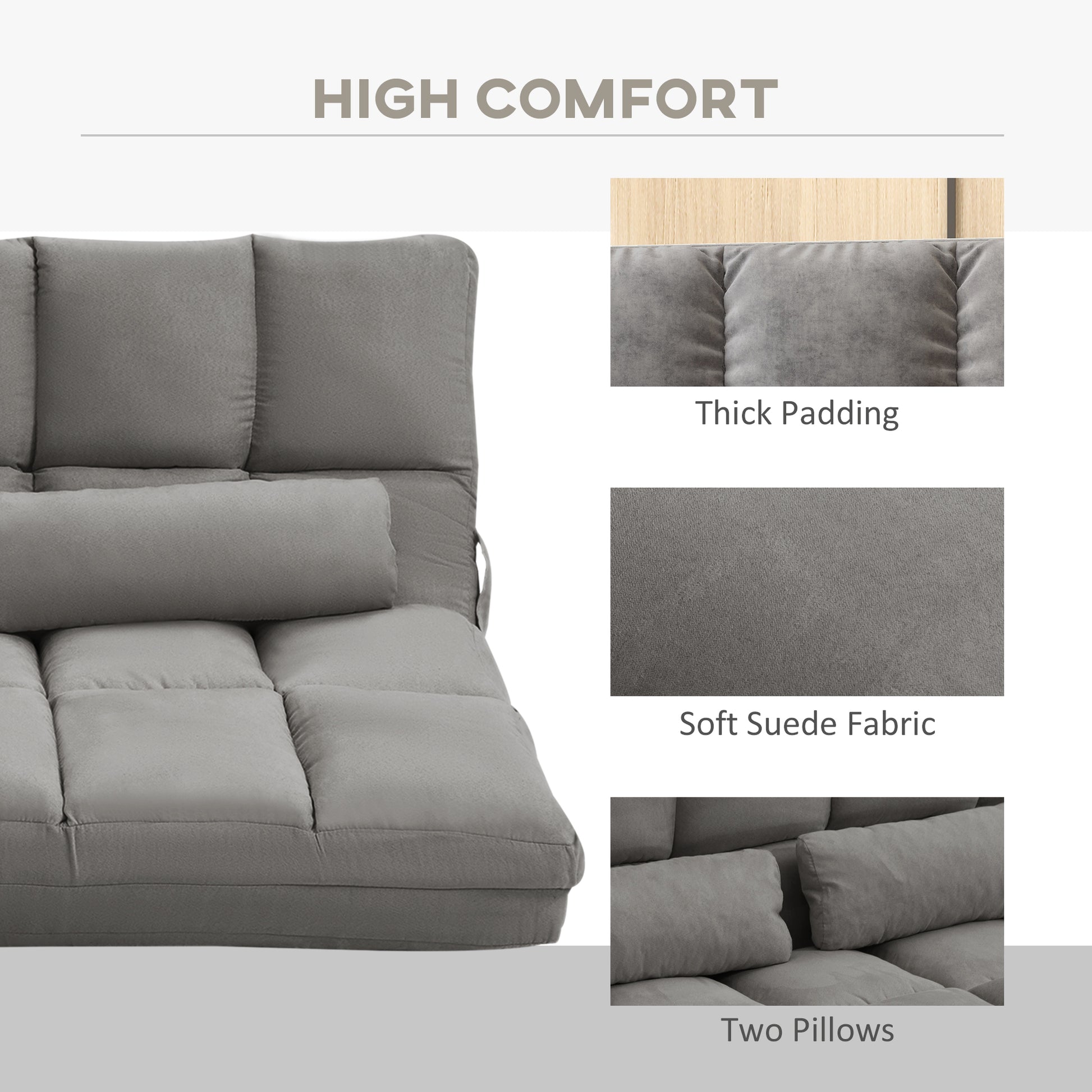 Convertible Floor Sofa Chair, Folding Couch Bed, Guest Chaise Lounge With 2 Pillows, Adjustable Backrest And Headrest, Dark Gray Dark Gray Polyester