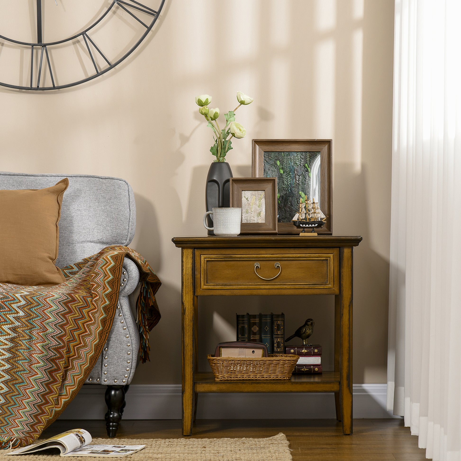 Side Table With Storage, Vintage End Table With Drawer And Open Shelf, Beside Table For Bedroom, Living Room, Dark Coffee Dark Coffee Mdf