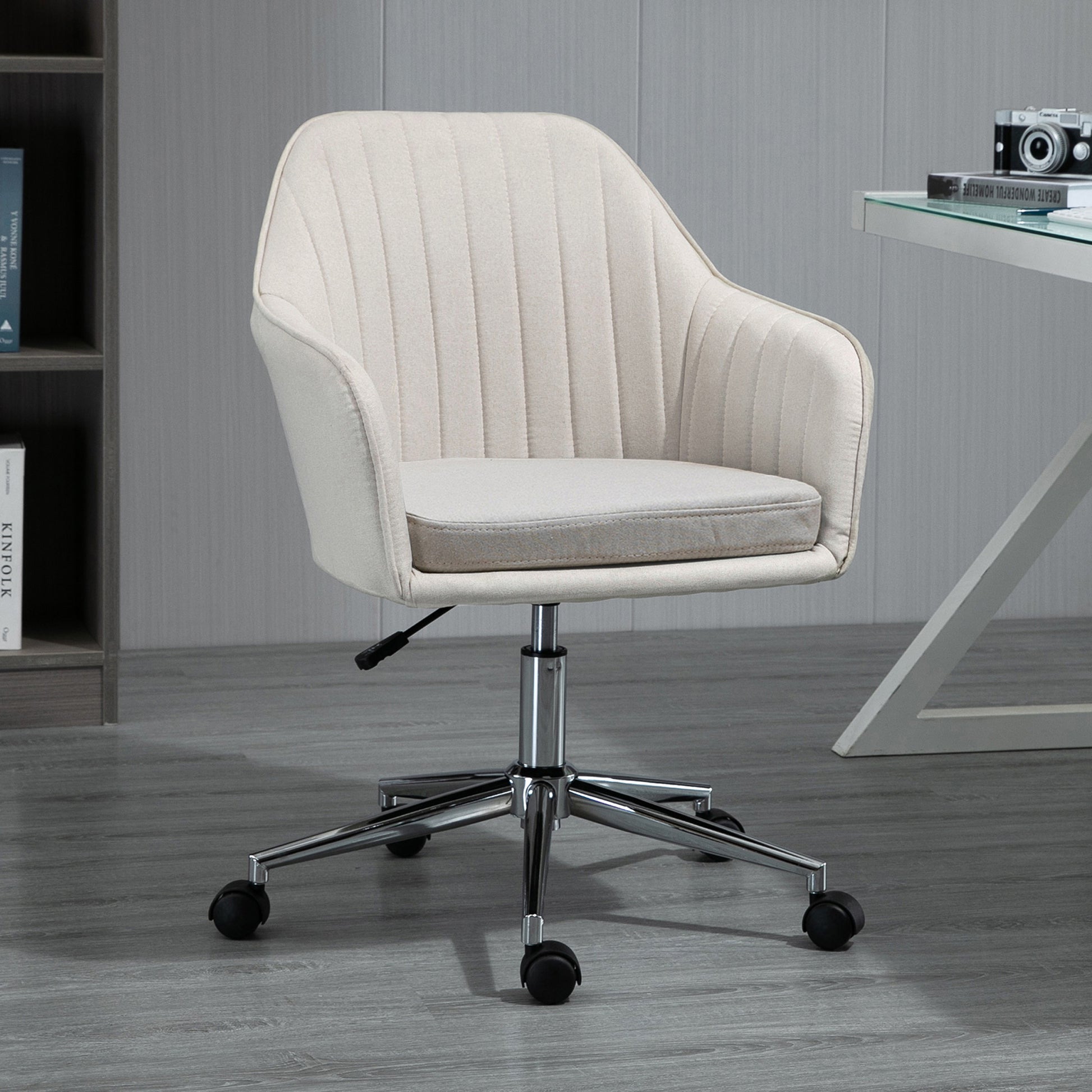 Mid Back Task Chair, Fabric Home Office Chair, Swivel Desk Chair With Tub Shape Design & Lined Pattern Back For Living Room, Bedroom, Beige Beige Polyester