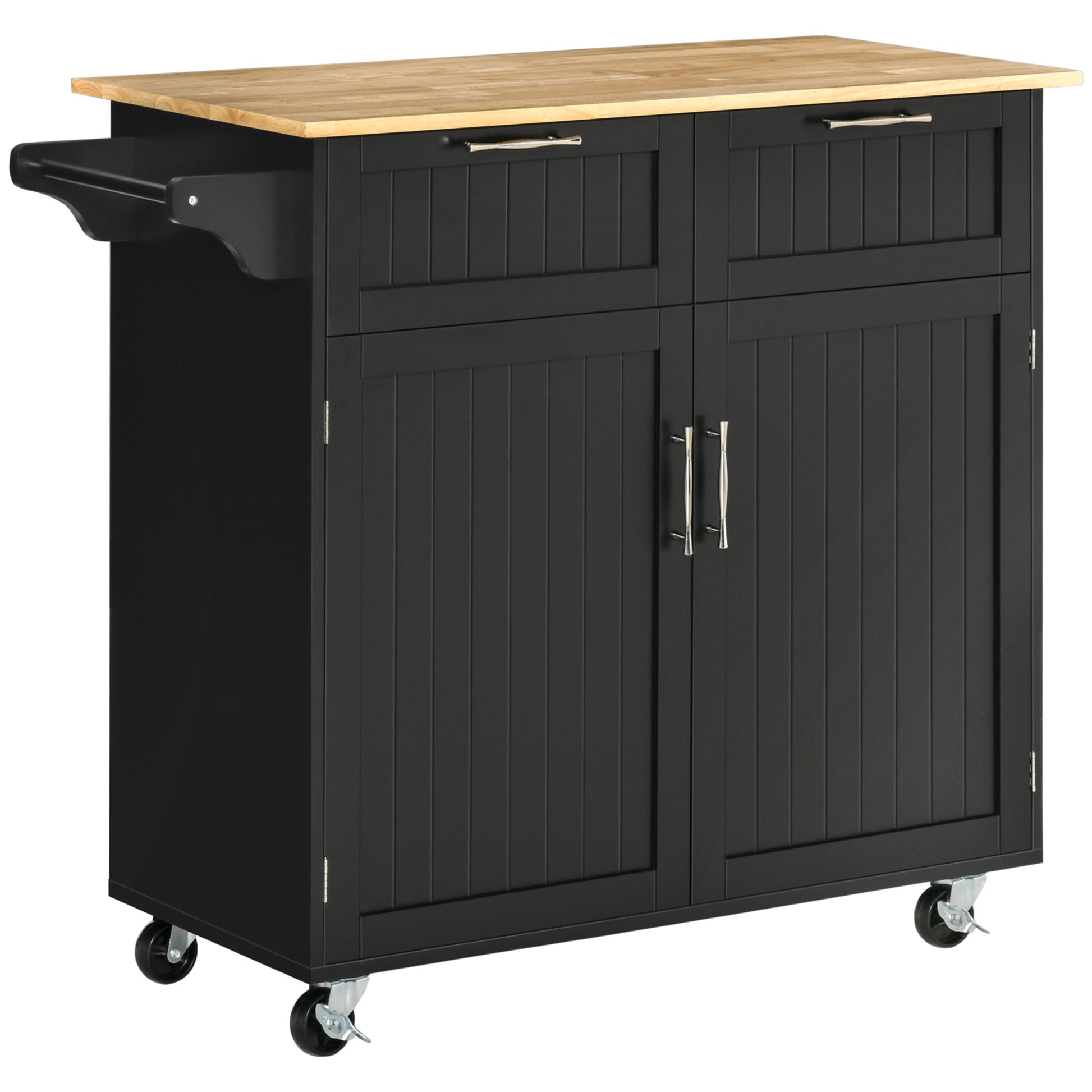 41" Modern Rolling Kitchen Island On Wheels, Utility Cart Storage Trolley With Rubberwood Top & Drawers, Black Black Mdf