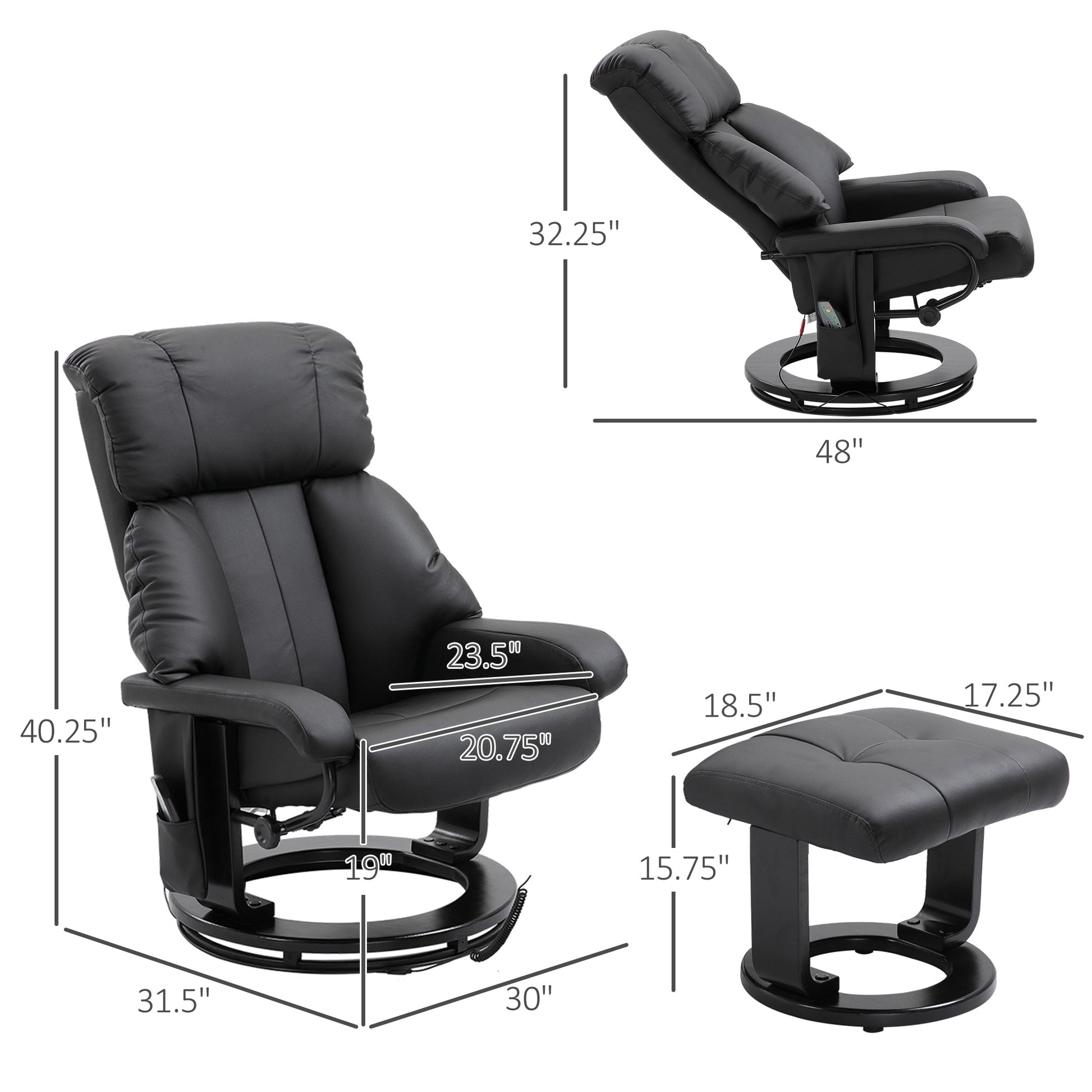 Recliner With Ottoman Footrest, Recliner Chair With Vibration Massage, Faux Leather And Swivel Wood Base For Living Room And Bedroom, Black Black Wood