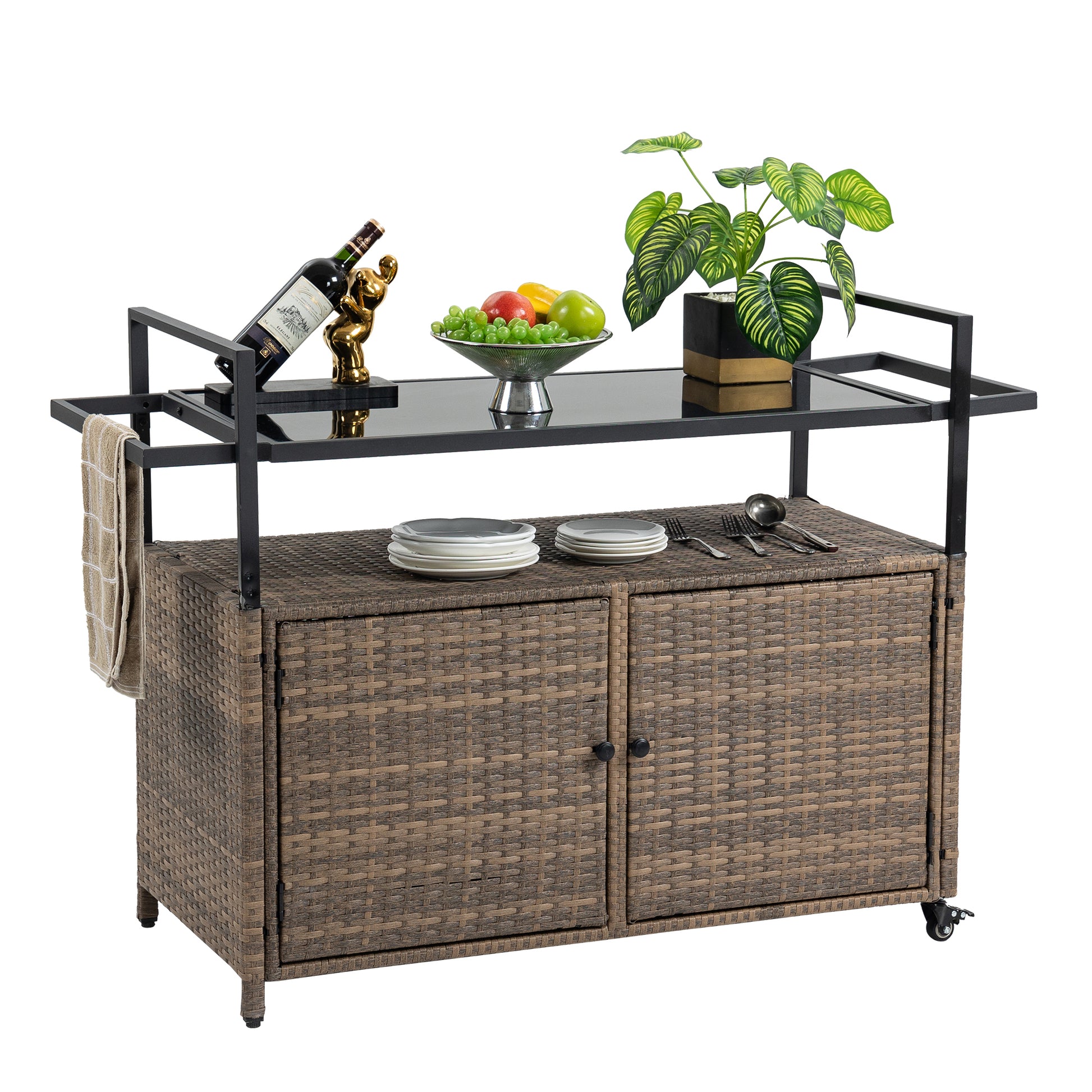 Outdoor Wicker Bar Cart, Patio Wine Serving Cart W Wheelsrolling Rattan Beverage Bar Counter Table W Glass Top For Porch Backyard Garden Poolside Party, Light Brown Light Brown Garden & Outdoor
