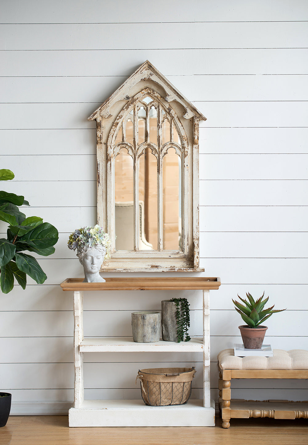 35.5" X 14" X 32" Distressed White And Natural Wood Shelf Tray, French Country Console Table Brown Antique White Wood