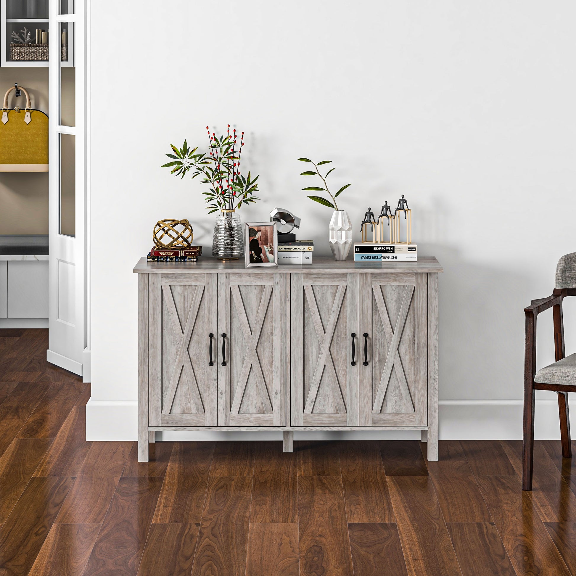 Buffet Cabinet, 47" Sideboard With 4 Barn Doors And 2 Adjustable Shelves, Farmhouse Coffee Bar Cabinet, Gray Wood Grain Gray Mdf