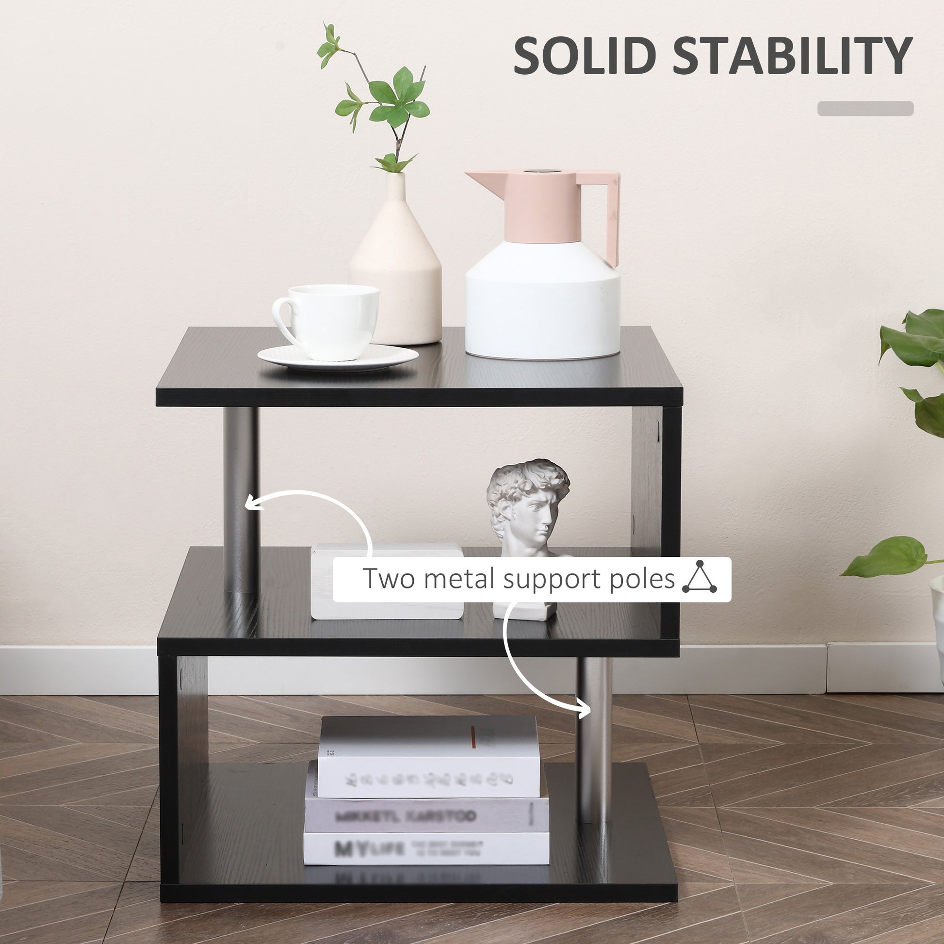 20" Modern End Table, Accent Side Table, S Shaped Coffee Table With Storage Shelf And Steel Poles, Black Black Particle Board
