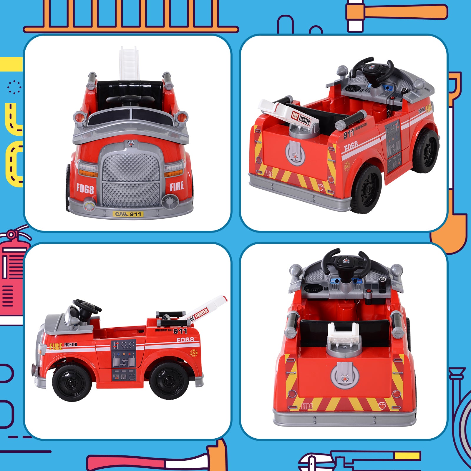 6V Electric Ride On Fire Truck Vehicle For Kids With Remote Control, Music, Lights, And Ladder Red Steel