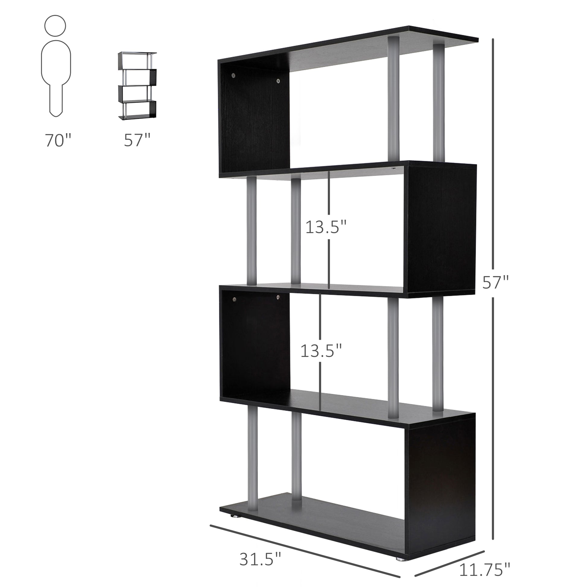 Modern S Shaped 5 Tier Room Dividing Bookcase Wooden Storage Display Stand Shelf Black Black Metal & Wood