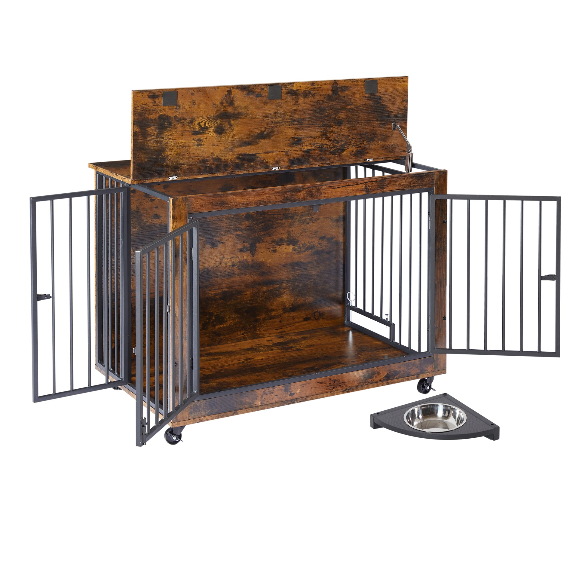 Furniture Style Dog Crate Side Table With Rotatable Feeding Bowl, Wheels, Three Doors, Flip Up Top Opening. Indoor, Rustic Brown, 38.58"W X 25.2"D X 27.17"H Rustic Brown Particle Board