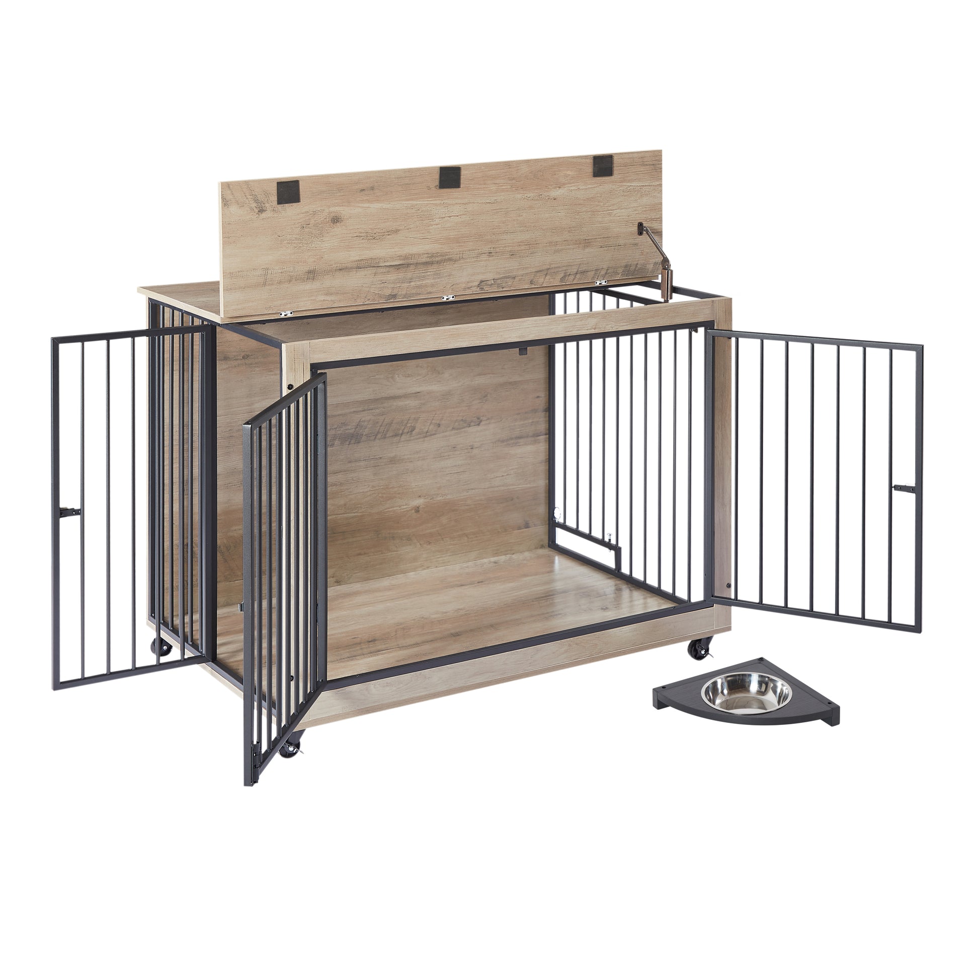 Furniture Style Dog Crate Side Table With Rotatable Feeding Bowl, Wheels, Three Doors, Flip Up Top Opening. Indoor, Grey, 43.7"W X 30"D X 33.7"H Grey Particle Board