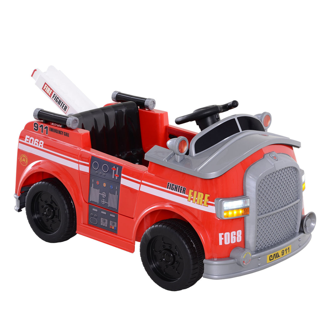 6V Electric Ride On Fire Truck Vehicle For Kids With Remote Control, Music, Lights, And Ladder Red Steel