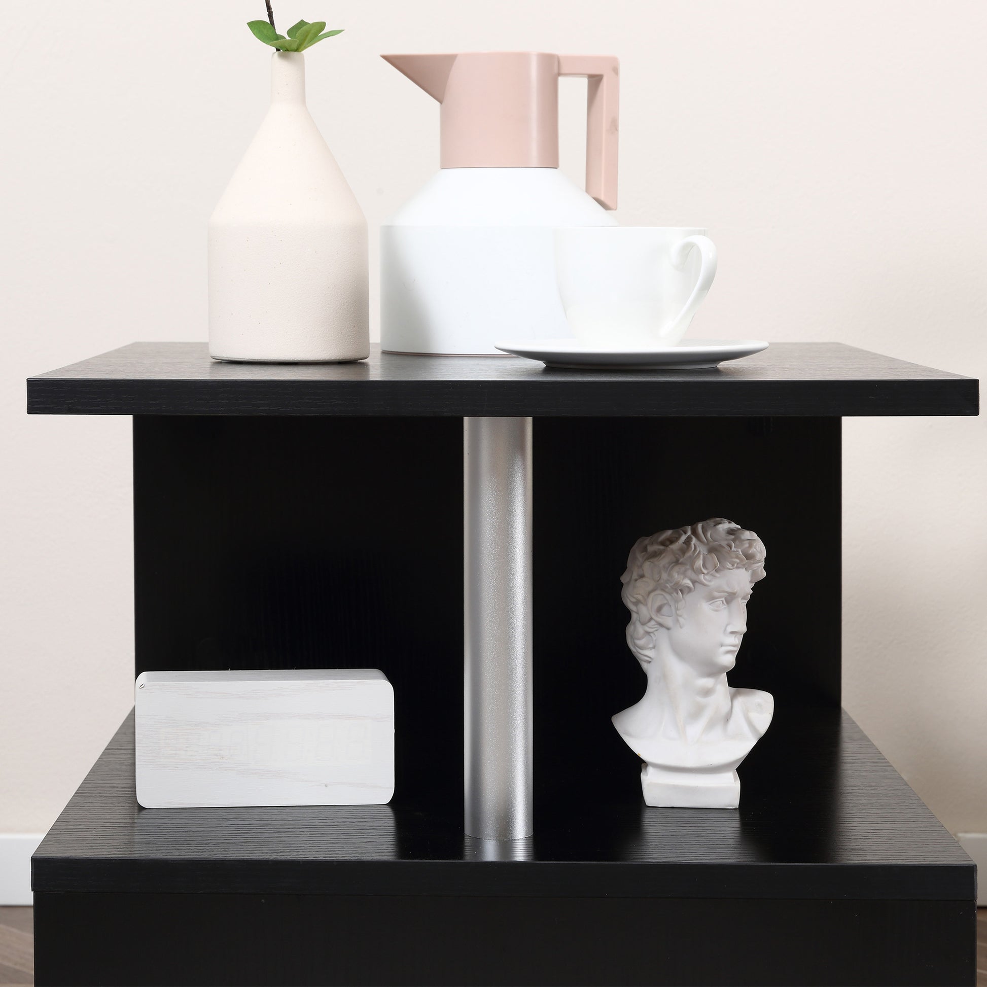 20" Modern End Table, Accent Side Table, S Shaped Coffee Table With Storage Shelf And Steel Poles, Black Black Particle Board