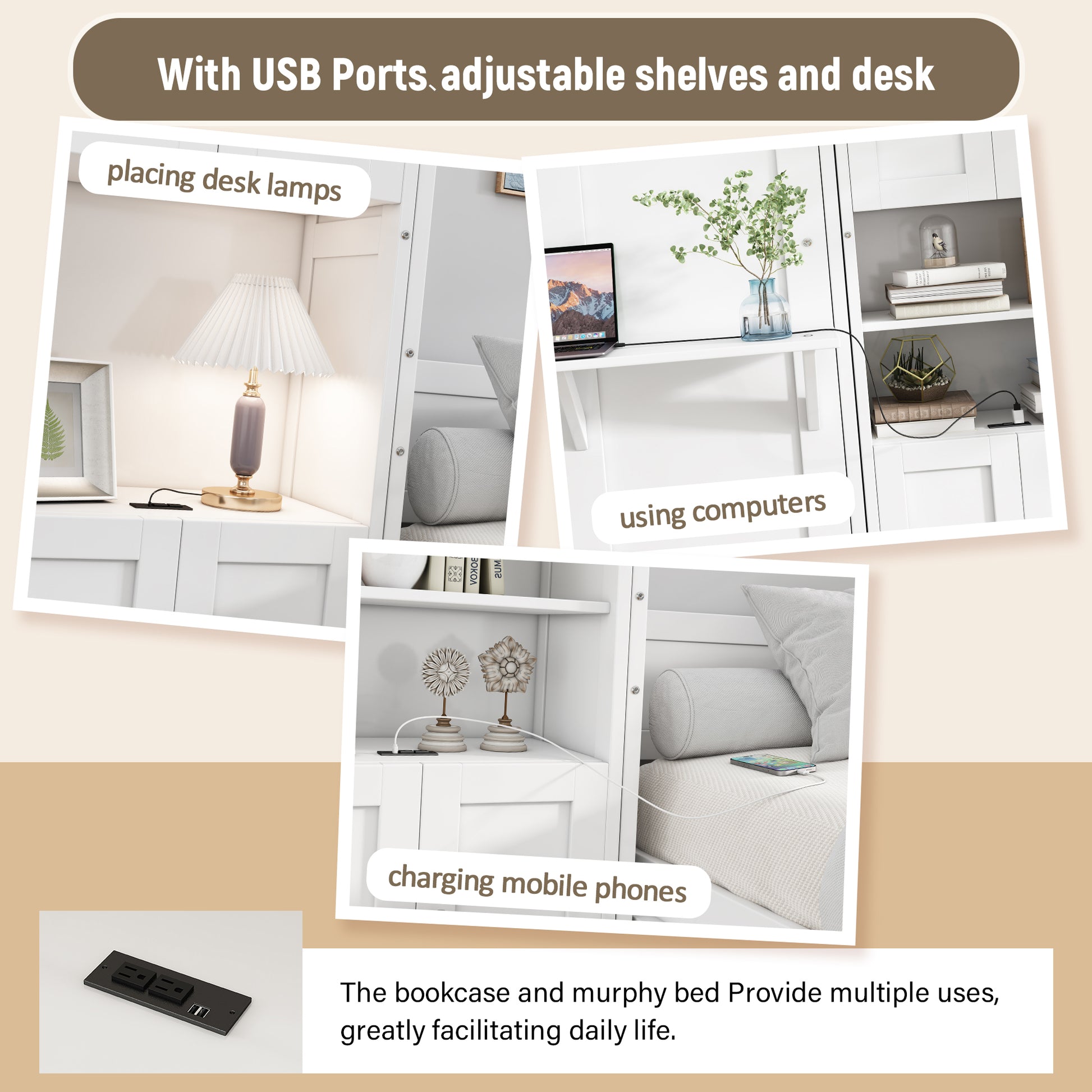 Queen Size Murphy Bed With 1 Side Cabinet Storage Shelf, 68 Inch Cabinet Bed Folding Wall Bed With Desk Combo Perfect For Guest Room, Study, Office,White Old Sku:Bs300491Aac Box Spring Not Required Queen Antique Grey White Wood White Pine Murphy Solid
