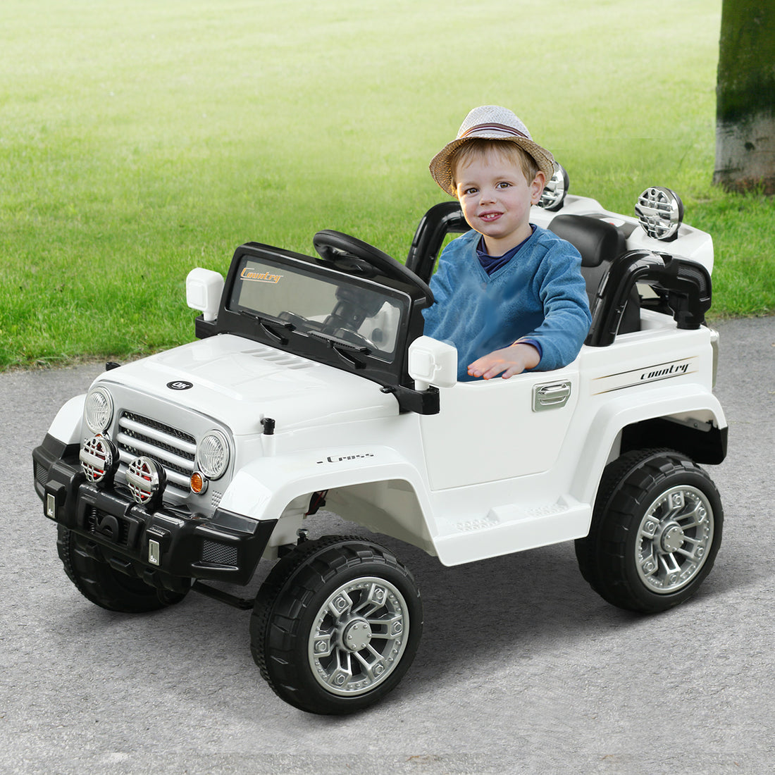 Kids Ride On Car, Off Road Truck With Mp3 Connection, Working Horn, Steering Wheel, And Remote Control, 12V Motor, White White Steel