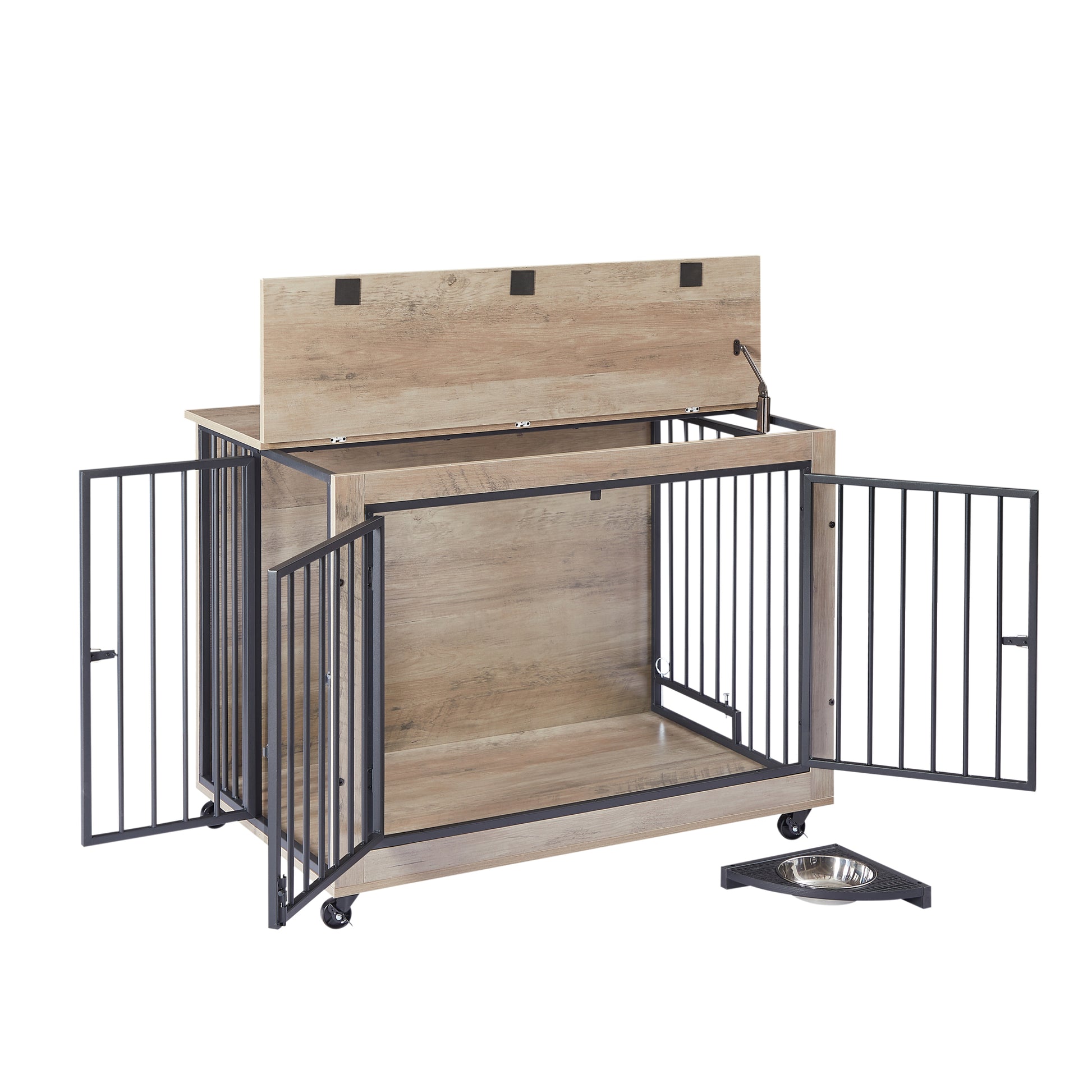 Furniture Style Dog Crate Side Table With Rotatable Feeding Bowl, Wheels, Three Doors, Flip Up Top Opening. Indoor, Grey, 38.58"W X 25.2"D X 27.17"H Grey Particle Board