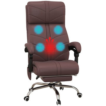 Executive Massage Office Chair With 4 Vibration, Computer Desk Chair, Pu Leather Heated Reclining Chair With Adjustable Height, Swivel Wheels, Brown Brown Pu Leather