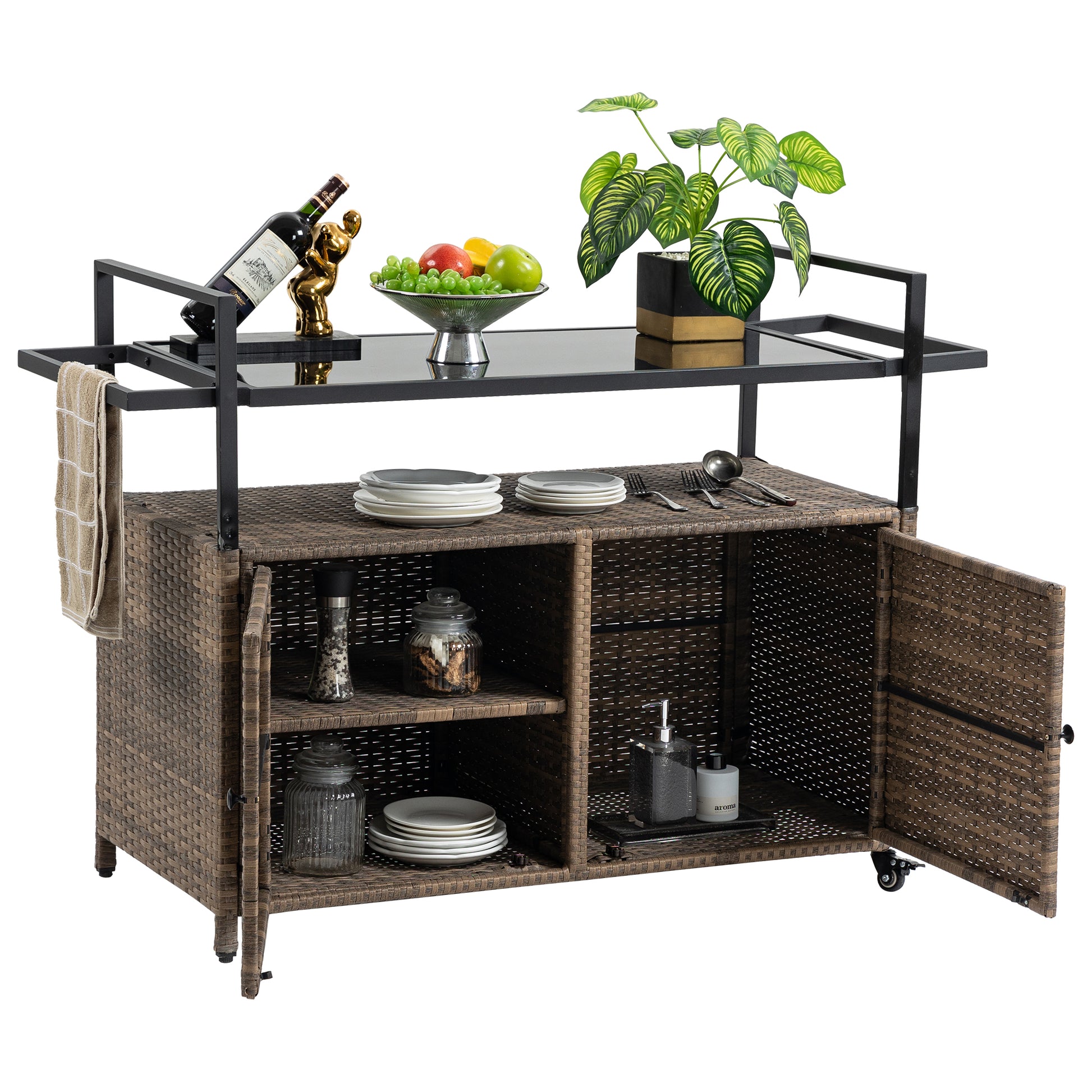 Outdoor Wicker Bar Cart, Patio Wine Serving Cart W Wheelsrolling Rattan Beverage Bar Counter Table W Glass Top For Porch Backyard Garden Poolside Party, Light Brown Light Brown Garden & Outdoor