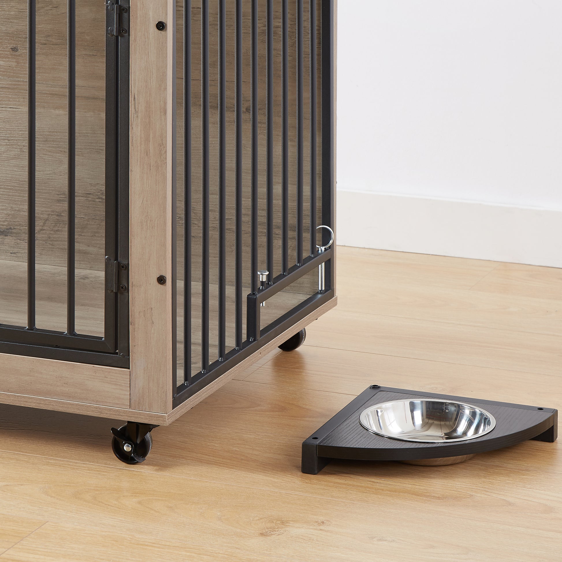 Furniture Style Dog Crate Side Table With Rotatable Feeding Bowl, Wheels, Three Doors, Flip Up Top Opening. Indoor, Grey, 38.58"W X 25.2"D X 27.17"H Grey Particle Board