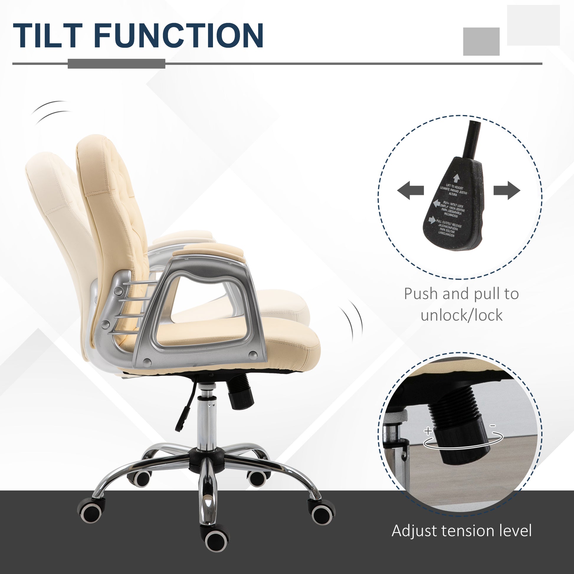Pu Leather Home Office Chair, Button Tufted Desk Chair With Padded Armrests, Adjustable Height And Swivel Wheels, Beige Beige Plastic