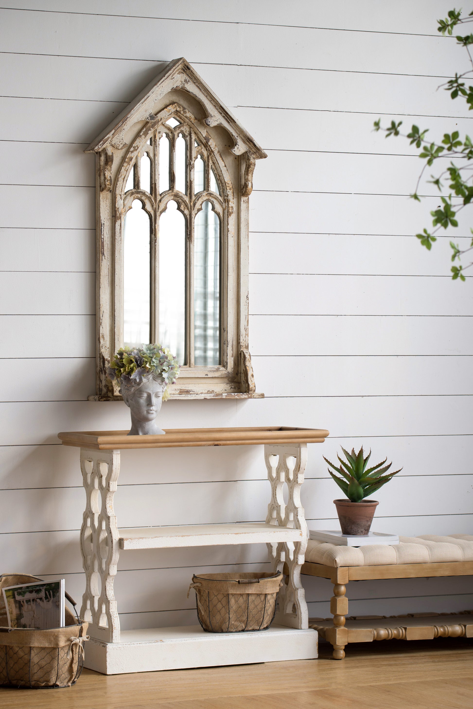 35.5" X 14" X 32" Distressed White And Natural Wood Shelf Tray, French Country Console Table Brown Antique White Wood