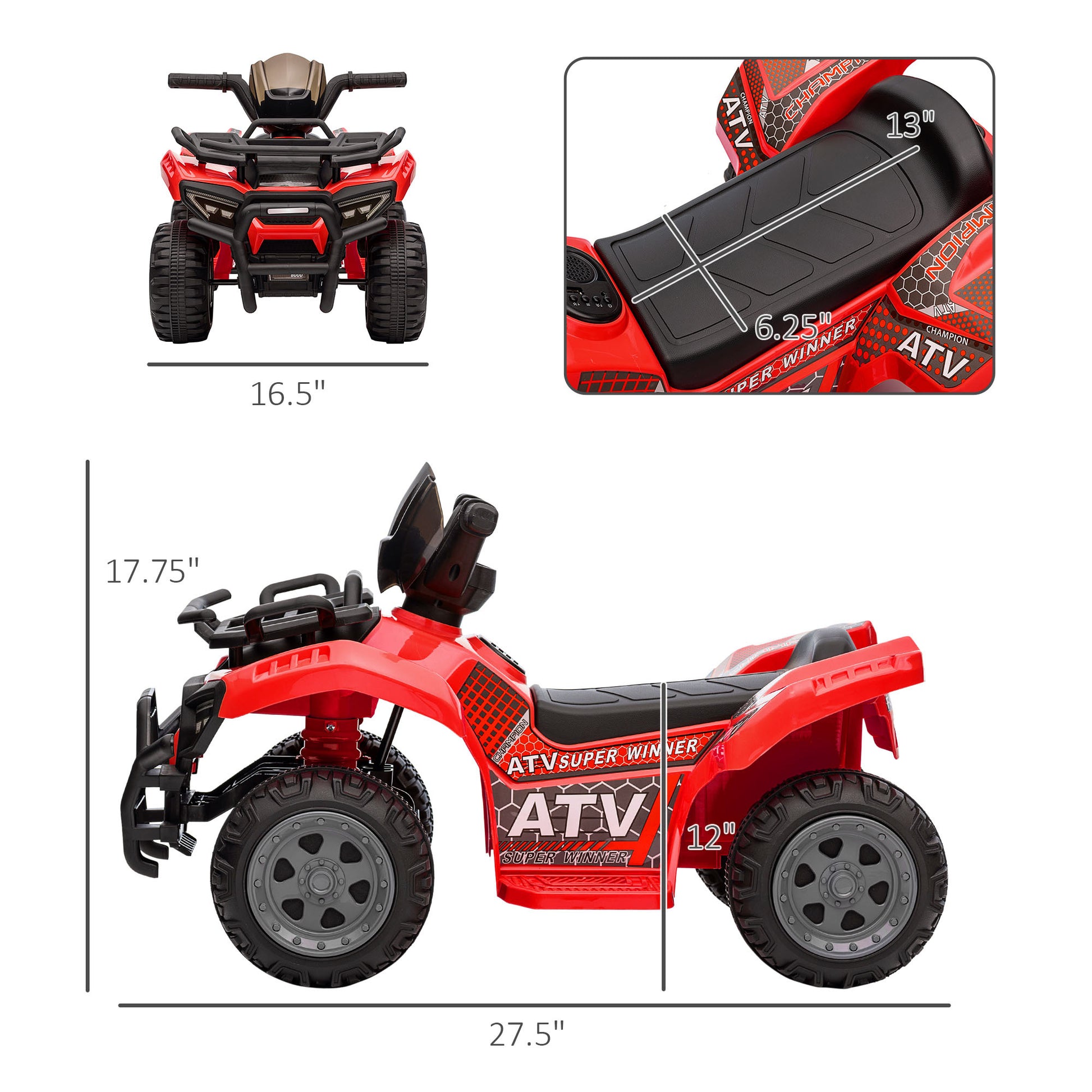 Kids Ride On Atv Four Wheeler Car 6V Battery Powered Motorcycle With Music For 18 36 Months, Red Red Steel