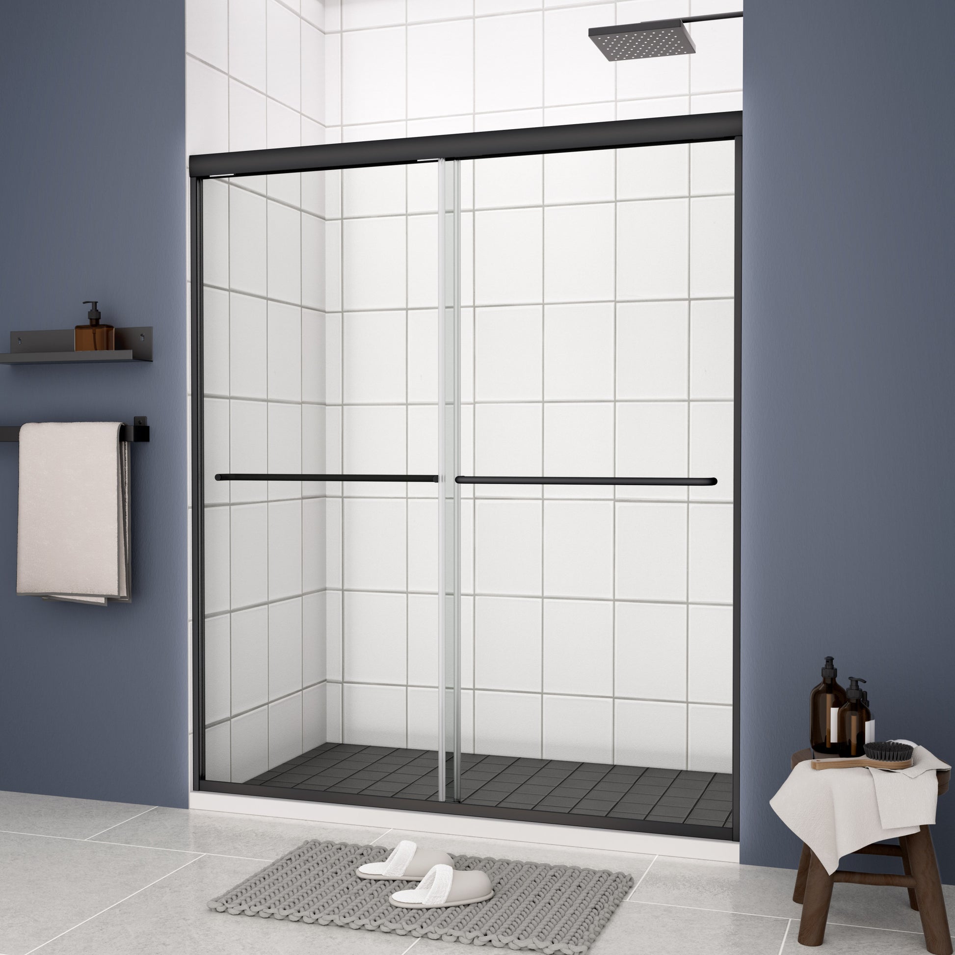 Bypass Shower Door, Sliding Door, With 1 4" Tempered Glass And Matted Black Finish Matte Black Bathroom Aluminium Alloy