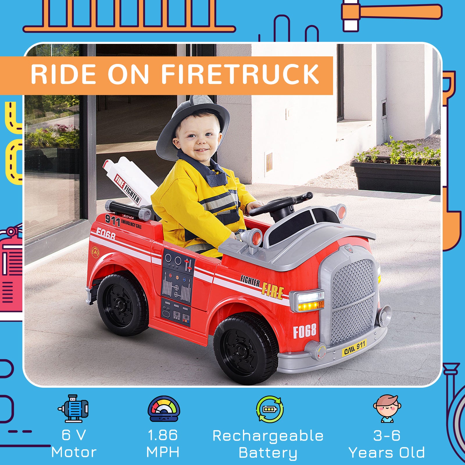 6V Electric Ride On Fire Truck Vehicle For Kids With Remote Control, Music, Lights, And Ladder Red Steel