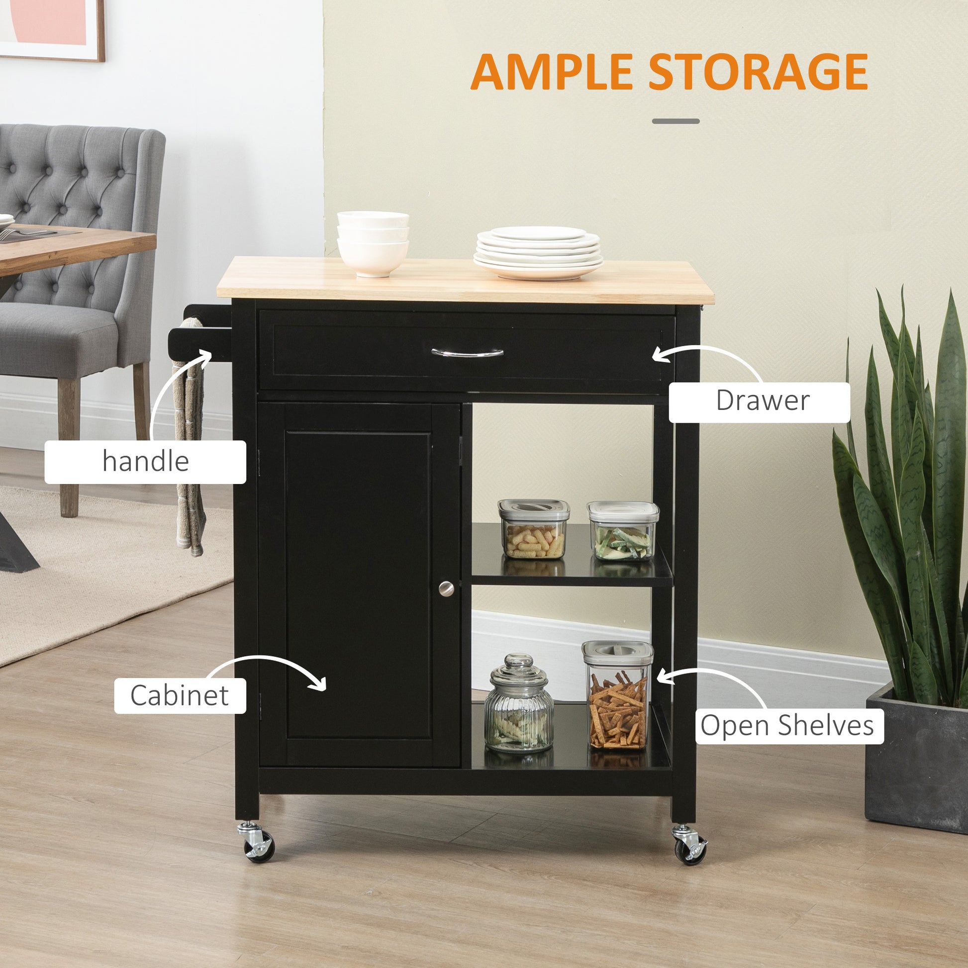 Kitchen Island Cart, Rolling Kitchen Island With Storage, Solid Wood Top, Drawer, For Dining Room, Black Black Mdf