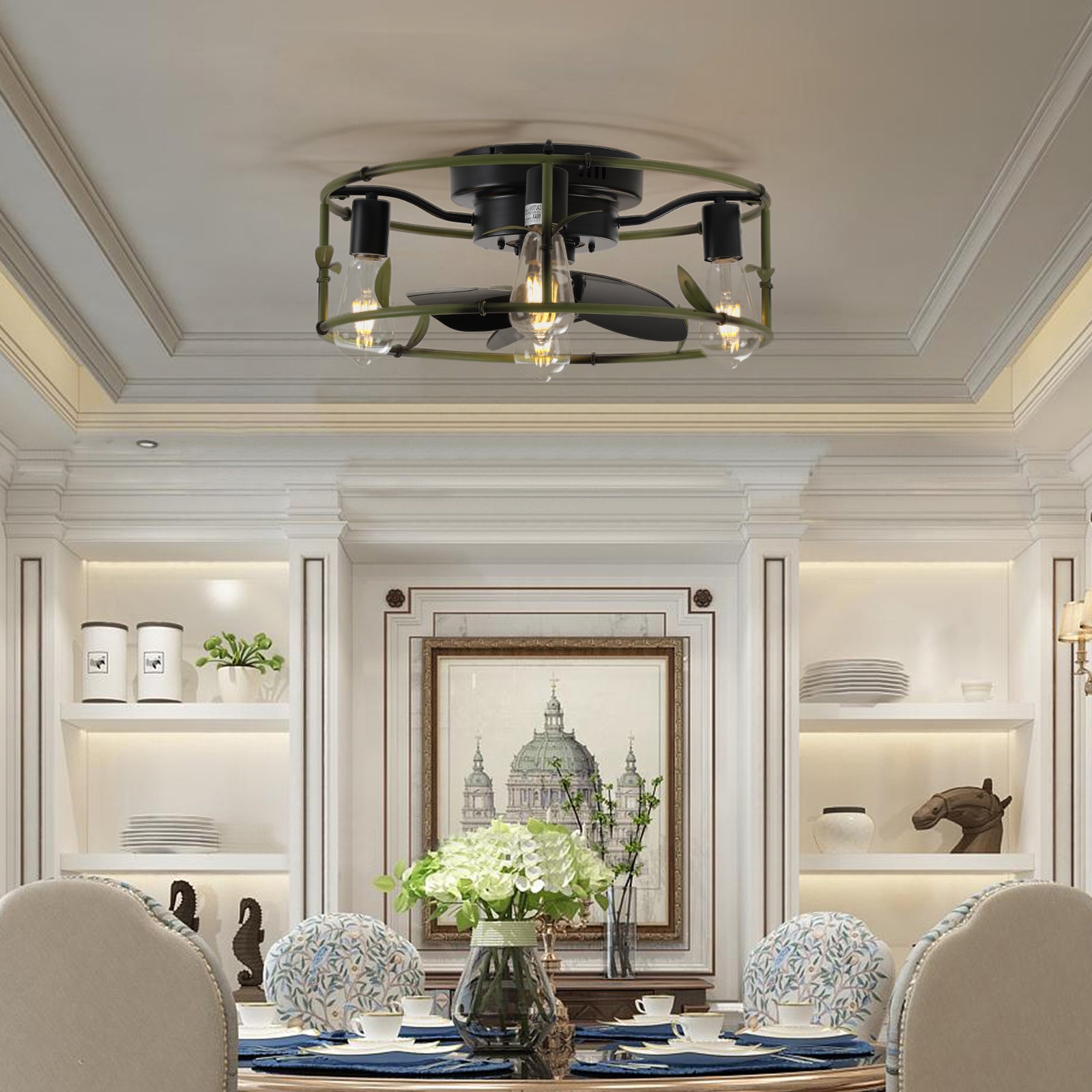 Flush Mount Ceiling Fans With Lights And Remote Control Green Caged Low Profile Ceiling Fan Modern Metal Ceiling Fanfor Farmhouse Dining Room Bedroom Kitchen Living Room Green Modern Iron