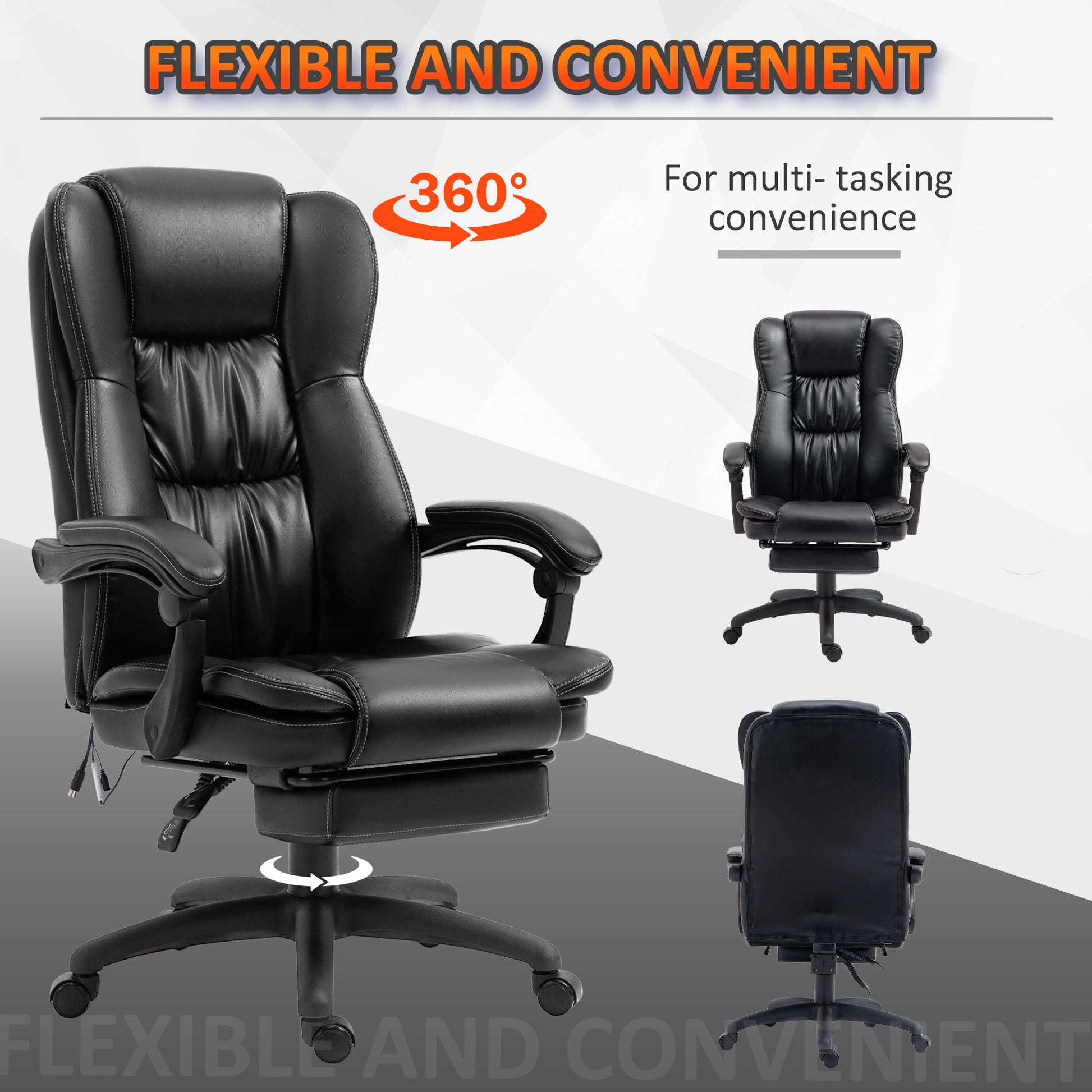 High Back Massage Office Chair With 6 Point Vibration, 5 Modes, Executive Chair, Pu Leather Swivel Chair With Reclining Back, And Retractable Footrest, Black Black Pu