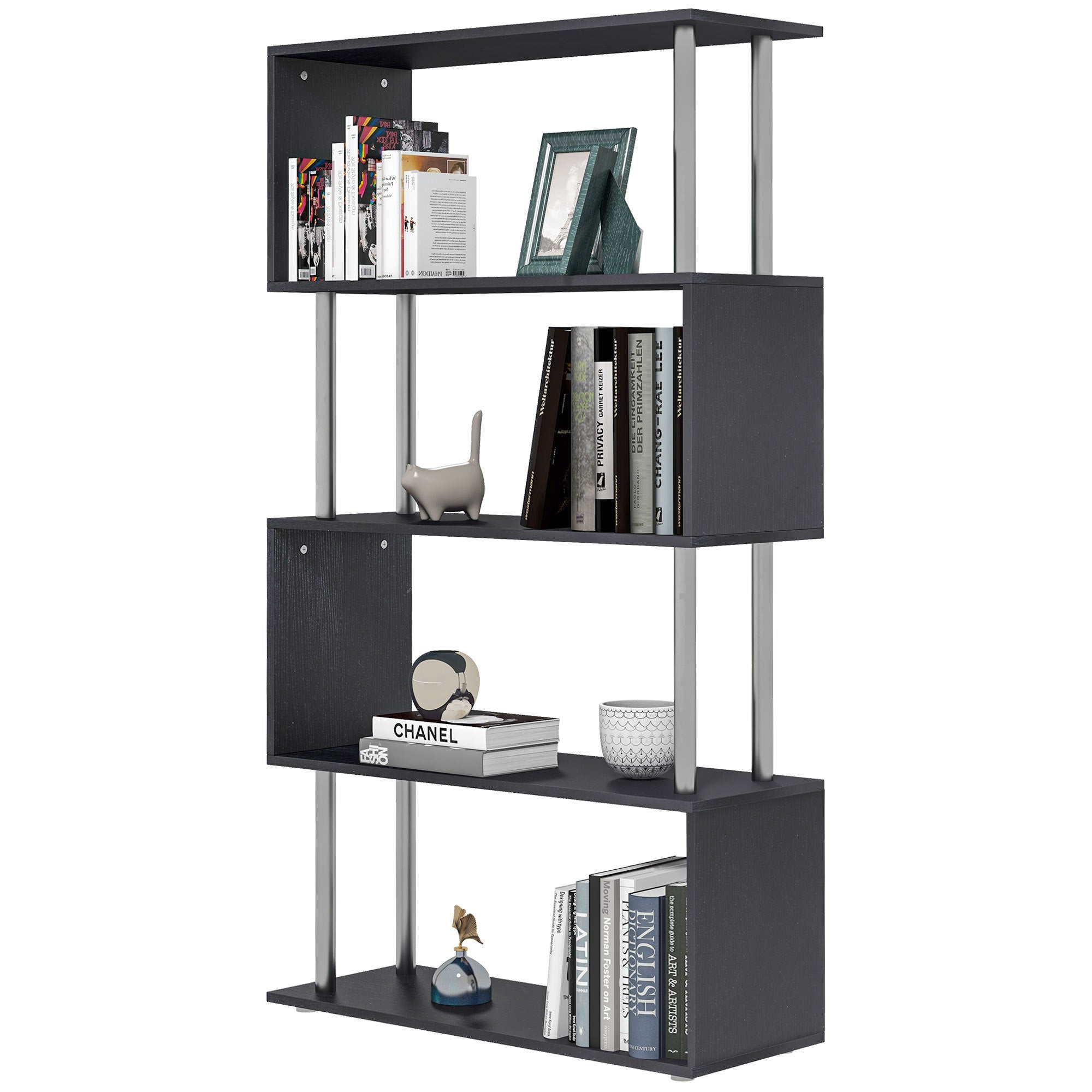 Modern S Shaped 5 Tier Room Dividing Bookcase Wooden Storage Display Stand Shelf Black Black Metal & Wood