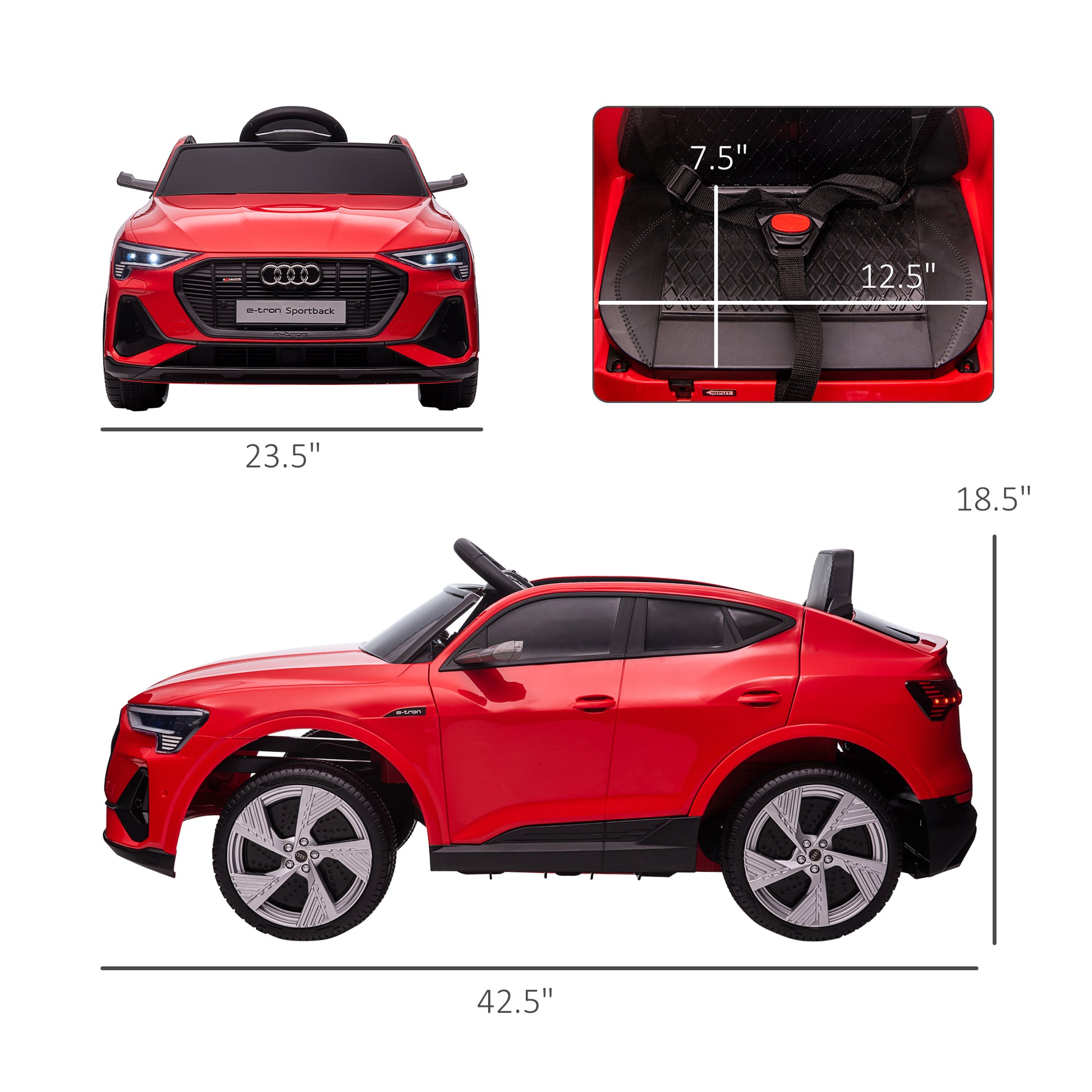 12V Kids Electric Ride On Audi E Tron Car, Battery Powered Toy With Parent Remote Control, Safety Belt, Led Lights, Music And Horn, Red Red Steel