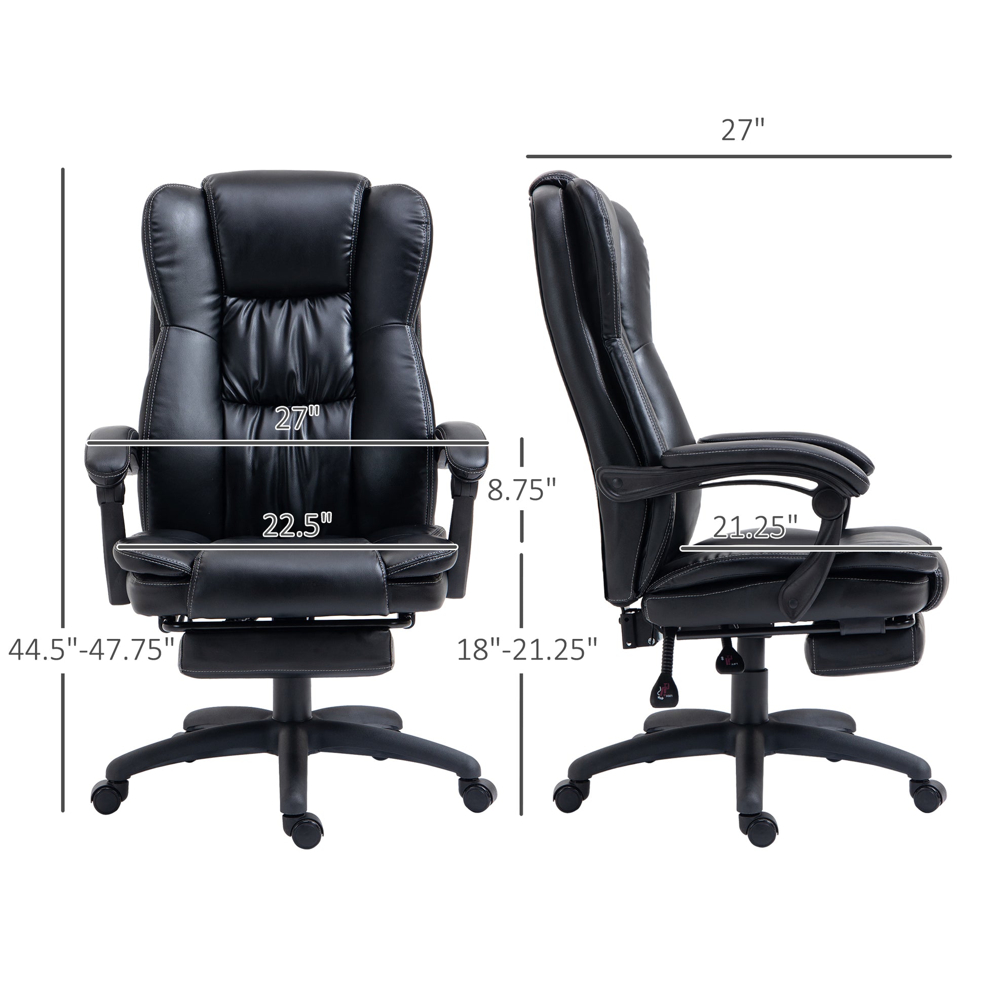 High Back Massage Office Chair With 6 Point Vibration, 5 Modes, Executive Chair, Pu Leather Swivel Chair With Reclining Back, And Retractable Footrest, Black Black Pu
