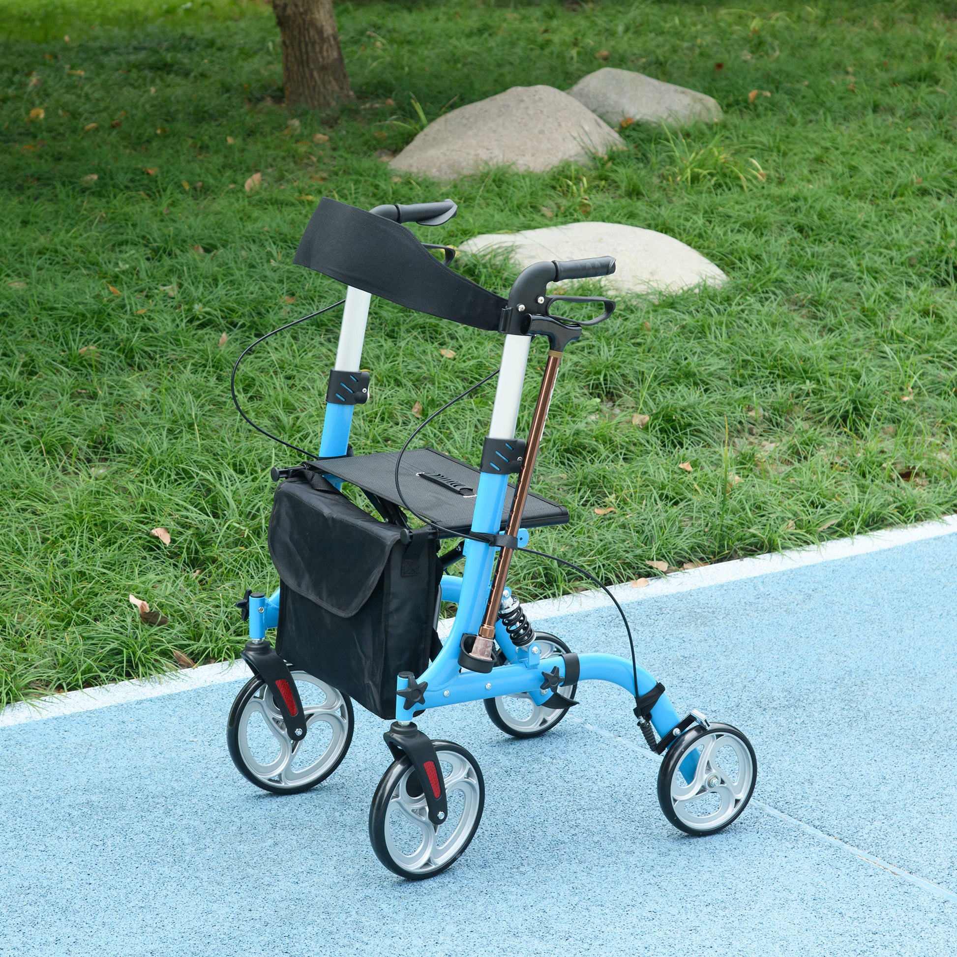Rollator Walker With Seat And Backrest, Height Adjustable Aluminum Rolling Walker With 10'' Front Wheels, Storage Bag, Lightweight Mobility Walking Aid For Seniors, Adults, 300Lb Capacity, Blue Light Blue Aluminium