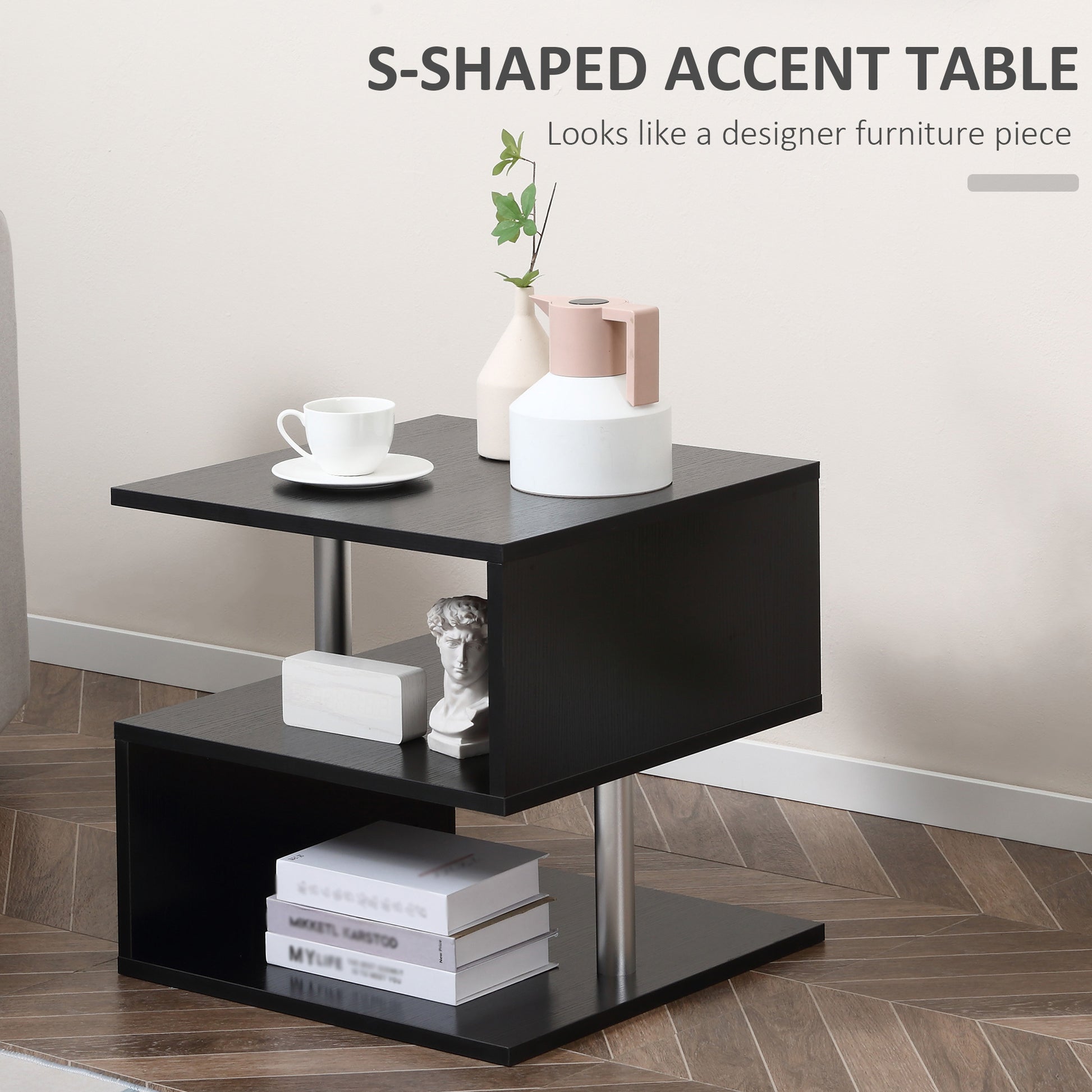 20" Modern End Table, Accent Side Table, S Shaped Coffee Table With Storage Shelf And Steel Poles, Black Black Particle Board