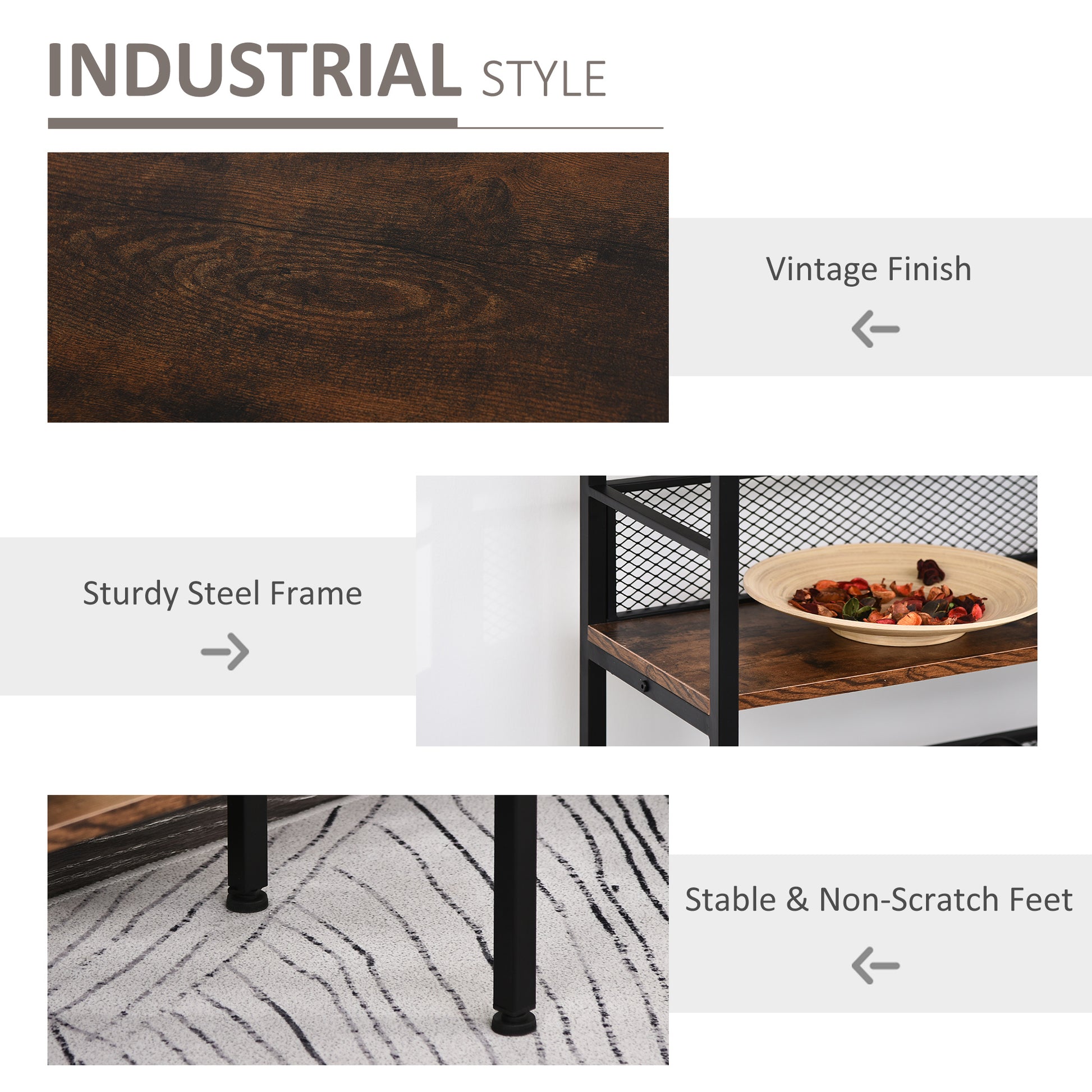 3 Tier Console Table Industrial Style Storage Metal Wooden Shelf With A Robust Multi Functional Design & Adjustable Feet, Black Rustic Brown Mdf Steel