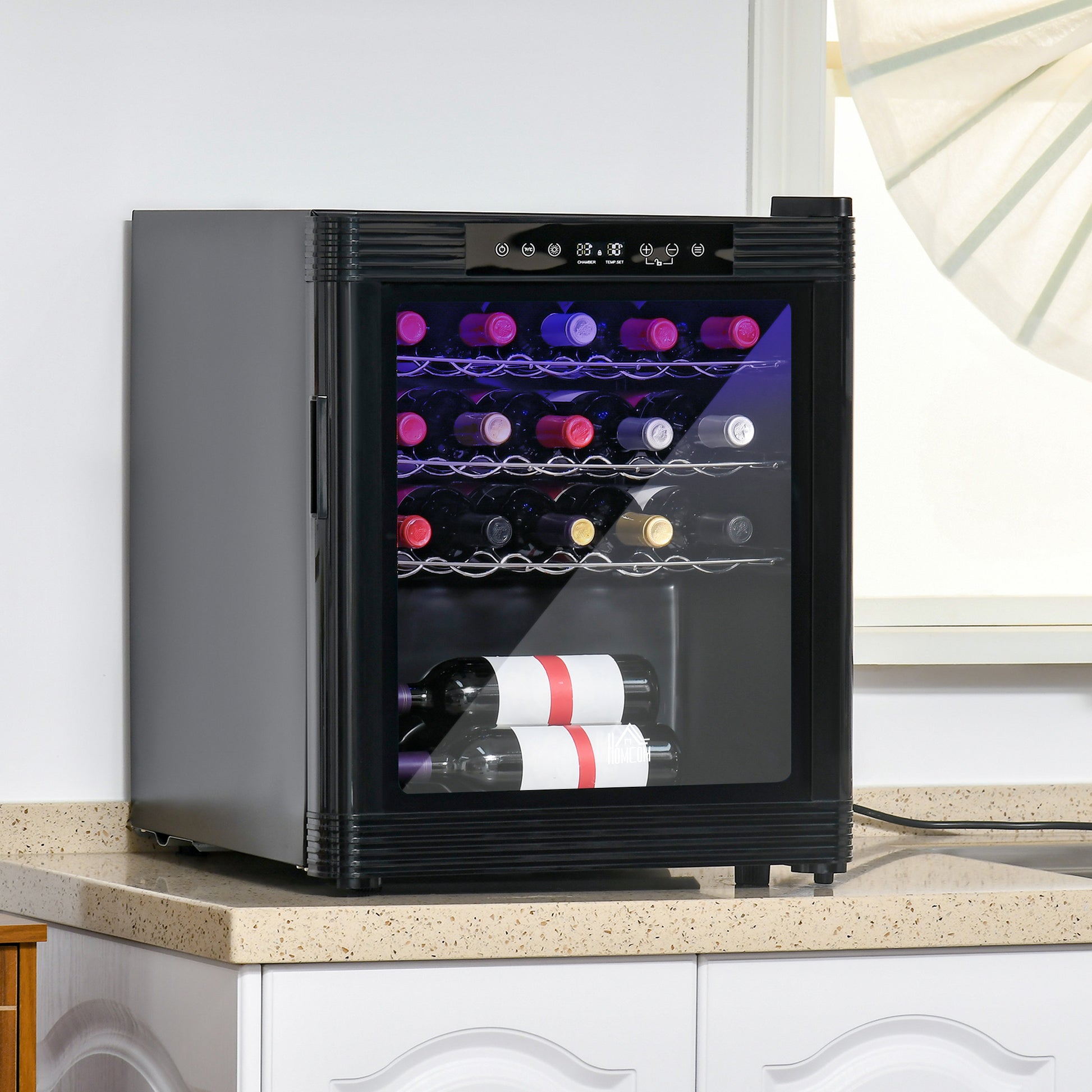 18 Bottle Wine Cooler, Mini Beverage Fridge, Freestanding Wine Cellar With Digital Temperature Control, 3 Removable Shelves, Glass Door, Alarm Function And Led Lighting, Black Black Metal